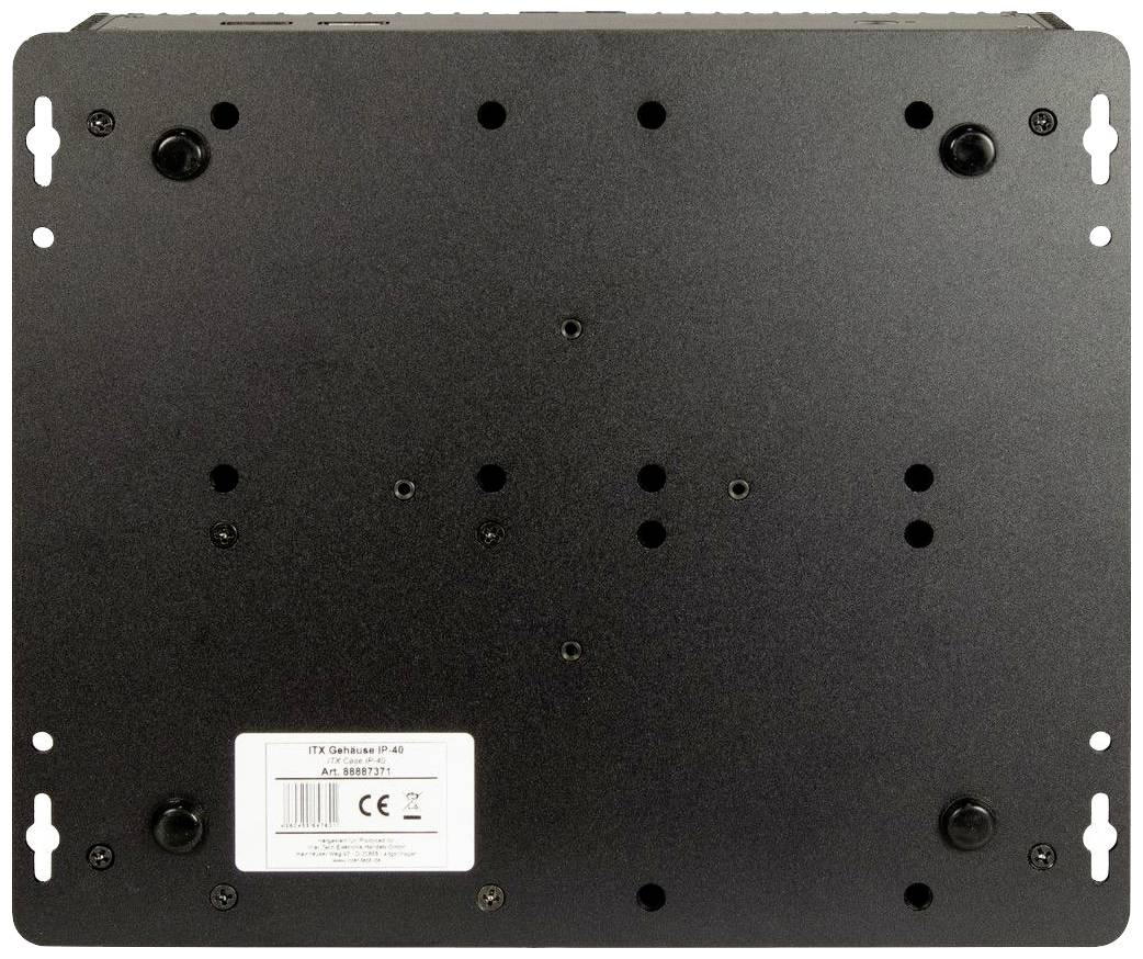 Rückseite eines elektronischen Geräts mit mehreren Schraublöchern und einer CE-Kennzeichnung auf einem Etikett unten. Schlichtes Design.