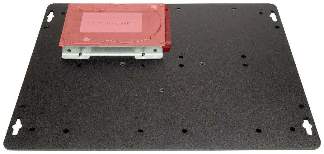 Eine Metallplatte mit einer darauf montierten 2,5-Zoll-Festplatte oder SSD, geeignet für die Montage in einem Computergehäuse.