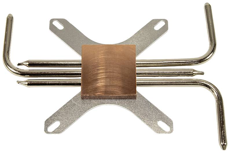 Kupfer-Heatsink mit vier gebogenen Heatpipes und Aluminiumhalterungen, verwendet zur effizienten Kühlung in Computern.