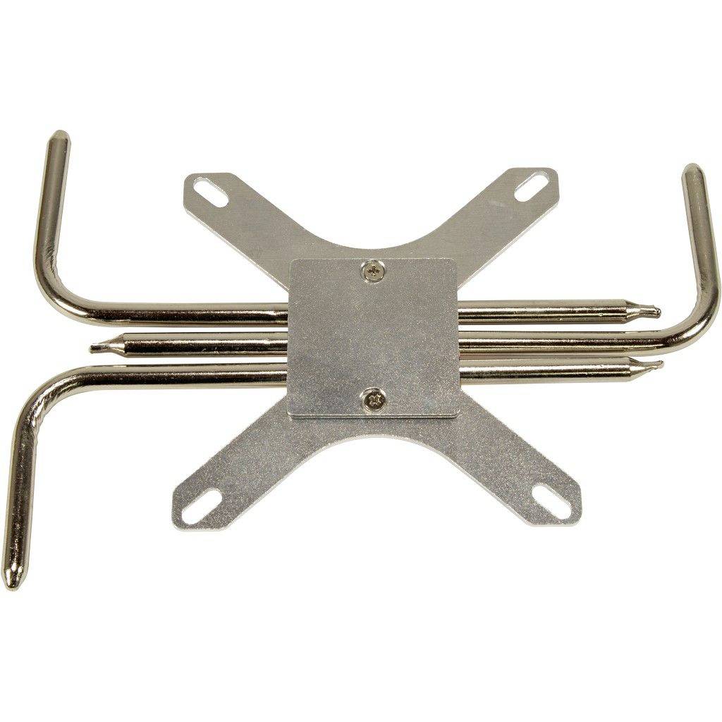 Metallhalterung mit X-förmigem Design und mehreren Armen. Wird oft für die Befestigung von Komponenten in technischen Anwendungen verwendet.