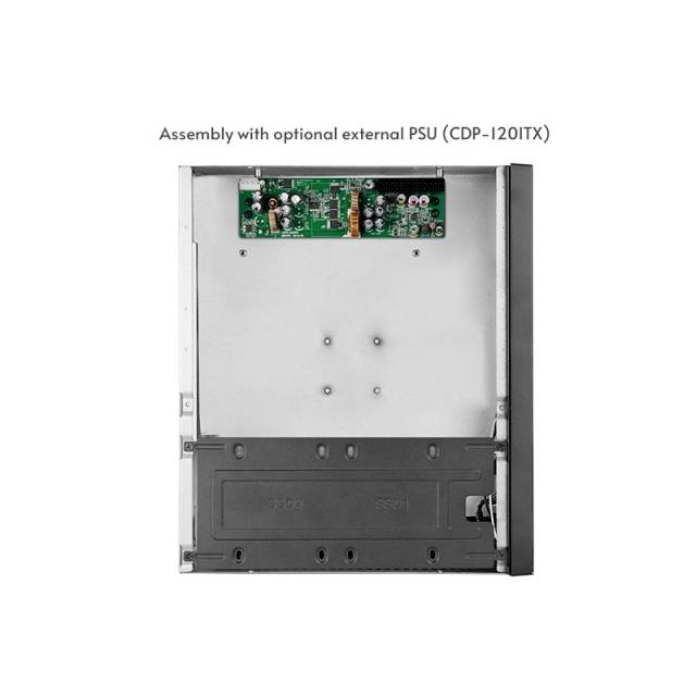 'Computergehäuse offen gezeigt, obere Platine sichtbar. Text: 