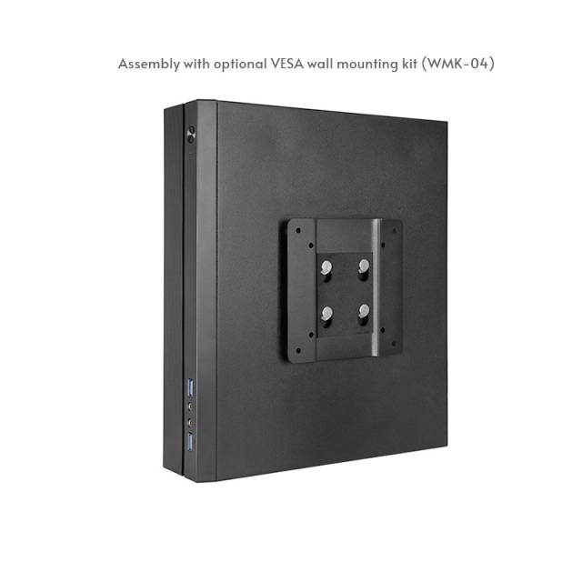 Schwarzer Monitorhalter mit VESA-Wandmontage-Kit (WMK-04). Bild zeigt die Montageoptionen.