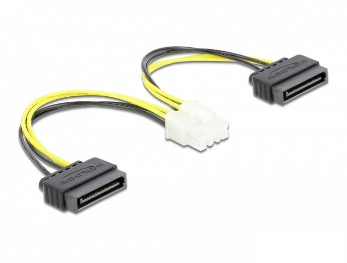 Stromadapterkabel mit zwei SATA-Stromanschlüssen und einem 4-poligen Molex-Stecker. Gelb und schwarz gefärbte Kabel.