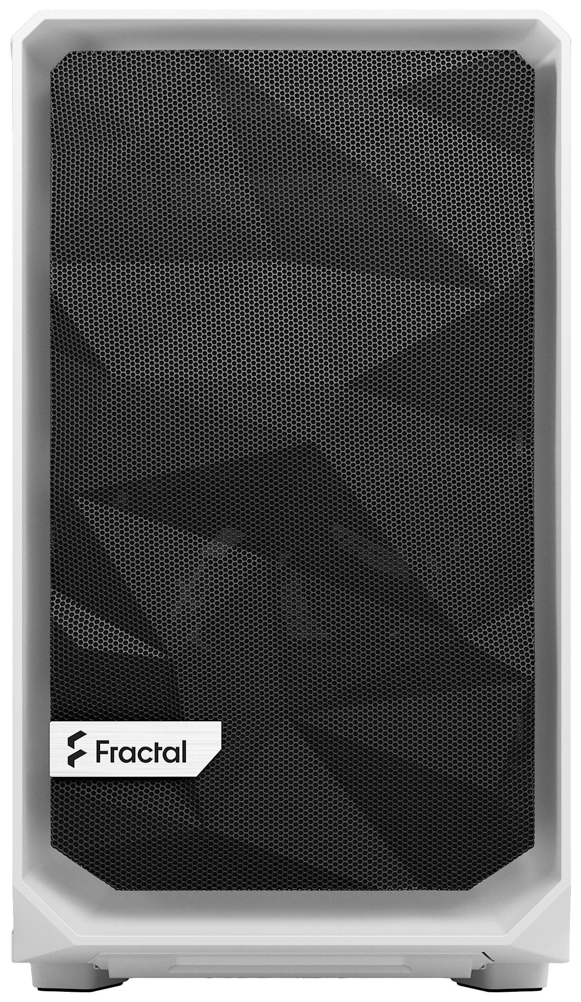 Ein weißes Computergehäuse von Fractal mit einer Front aus schwarzem Mesh, das für eine verbesserte Belüftung sorgt.