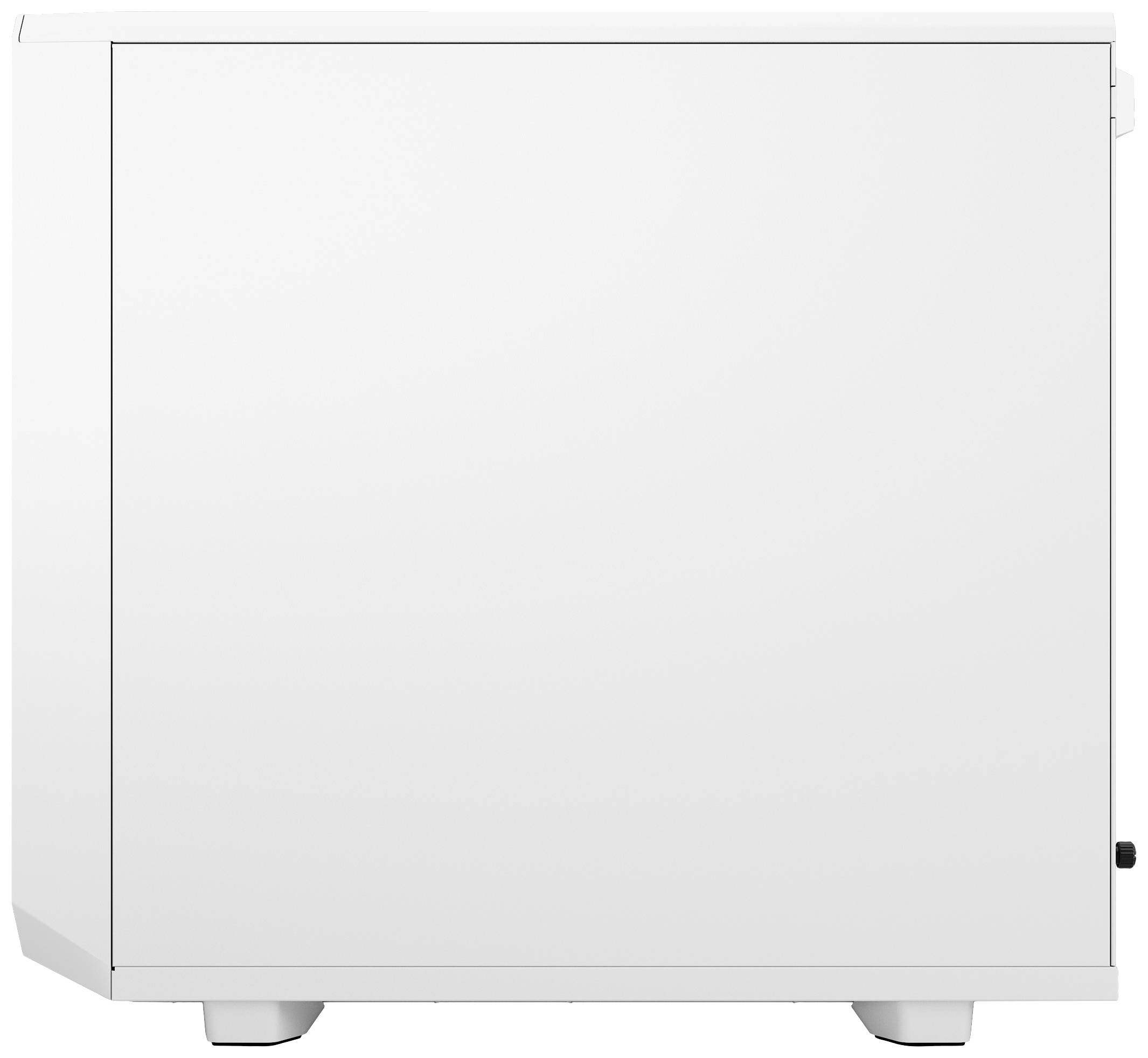 Ein weißer, rechteckiger Kasten mit glatter Oberfläche, potenziell ein Haushaltsgerät oder Möbelstück, auf grauem Hintergrund.