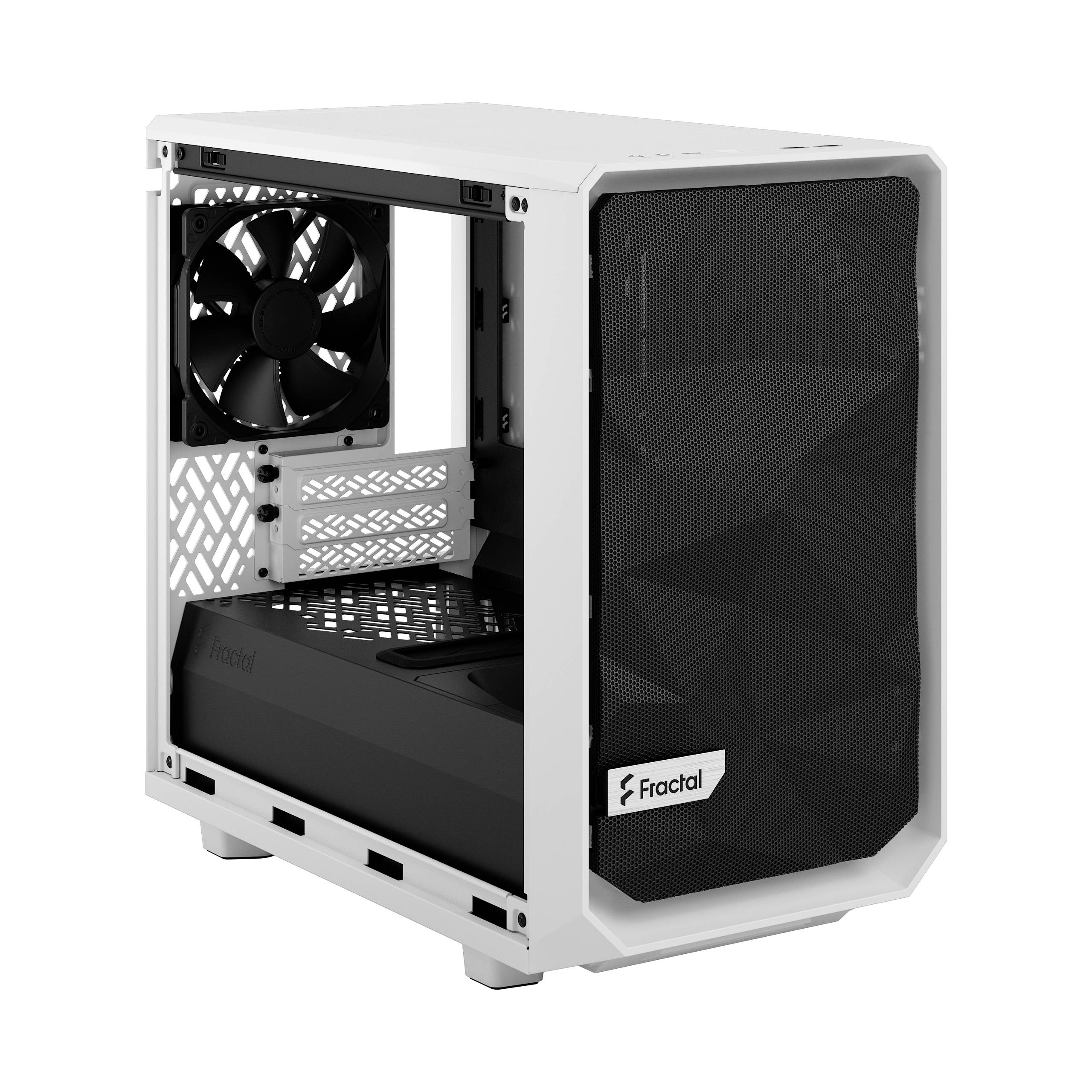 Ein weißes Computergehäuse mit schwarzer Front, offenem Seitenbereich und sichtbarem Lüfter auf der Rückseite. Marke 'Fractal'.