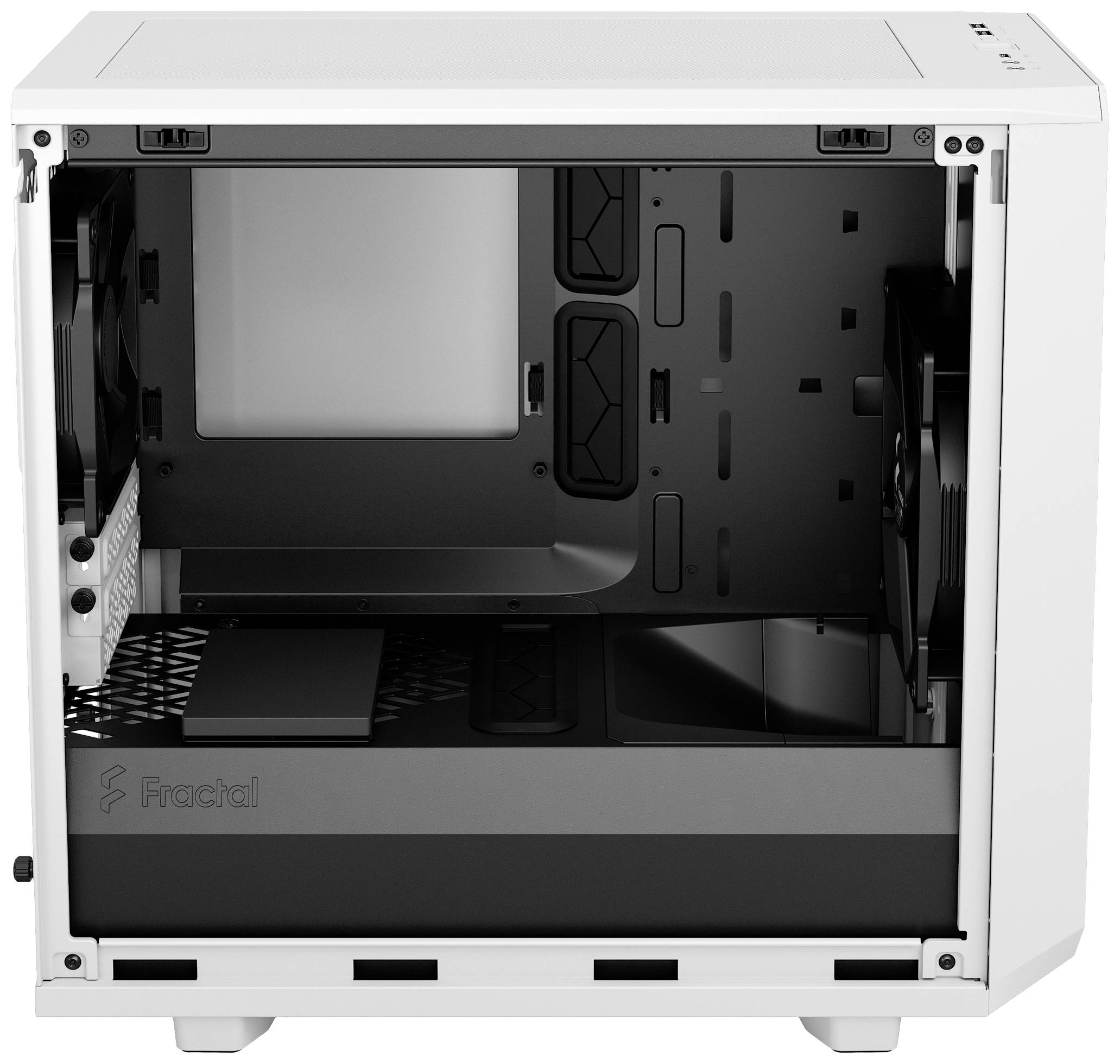 Ein leerer, weißer Computergehäuse, gezeigt von der Seite mit offenem Panel, bietet Platz für PC-Komponenten.