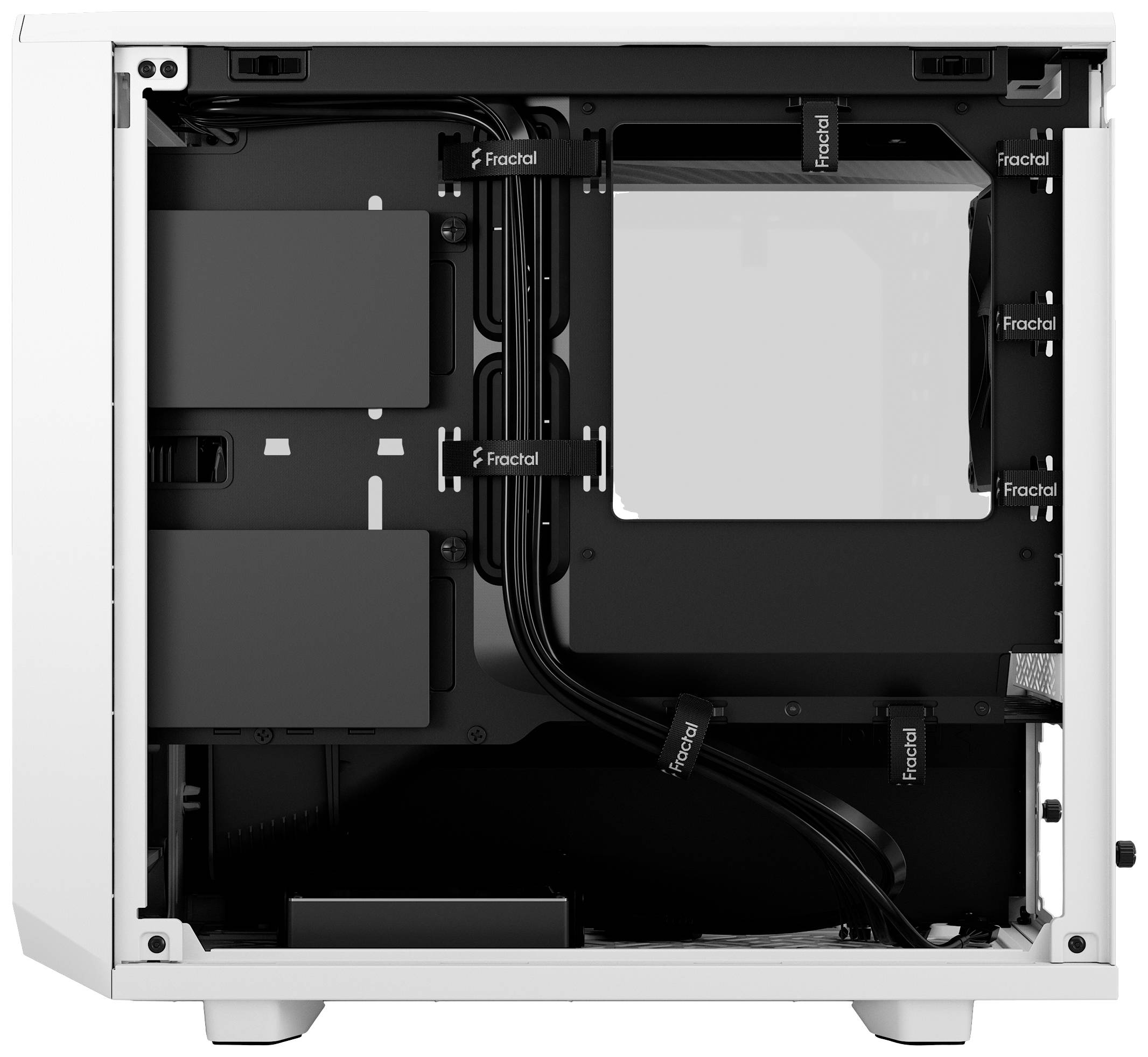 PC-Gehäuse-Innenansicht: Ein leerer, weißer PC-Tower mit Kabelmanagement-Elementen und Halterungen von Fractal.
