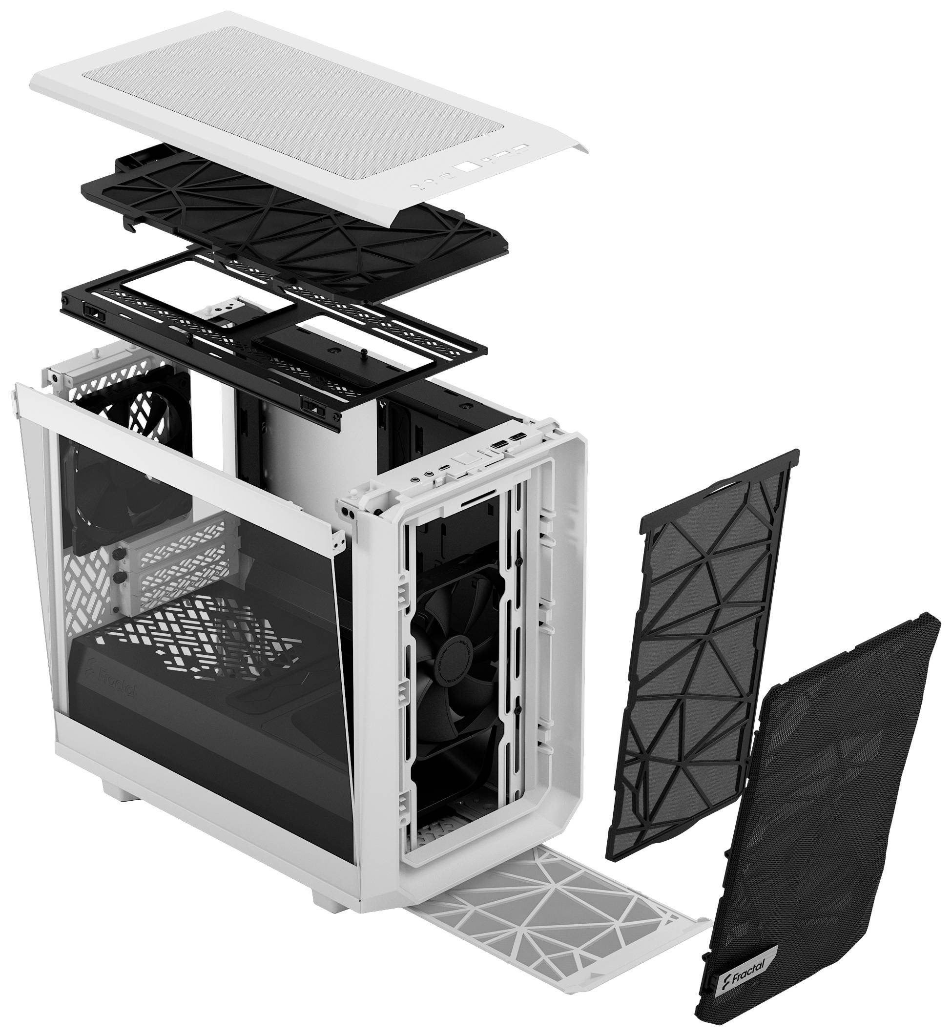 Explosionszeichnung eines Computergehäuses: Alle Teile, einschließlich Seitenteilen, Oberfläche und Lüfter, sind sichtbar getrennt.