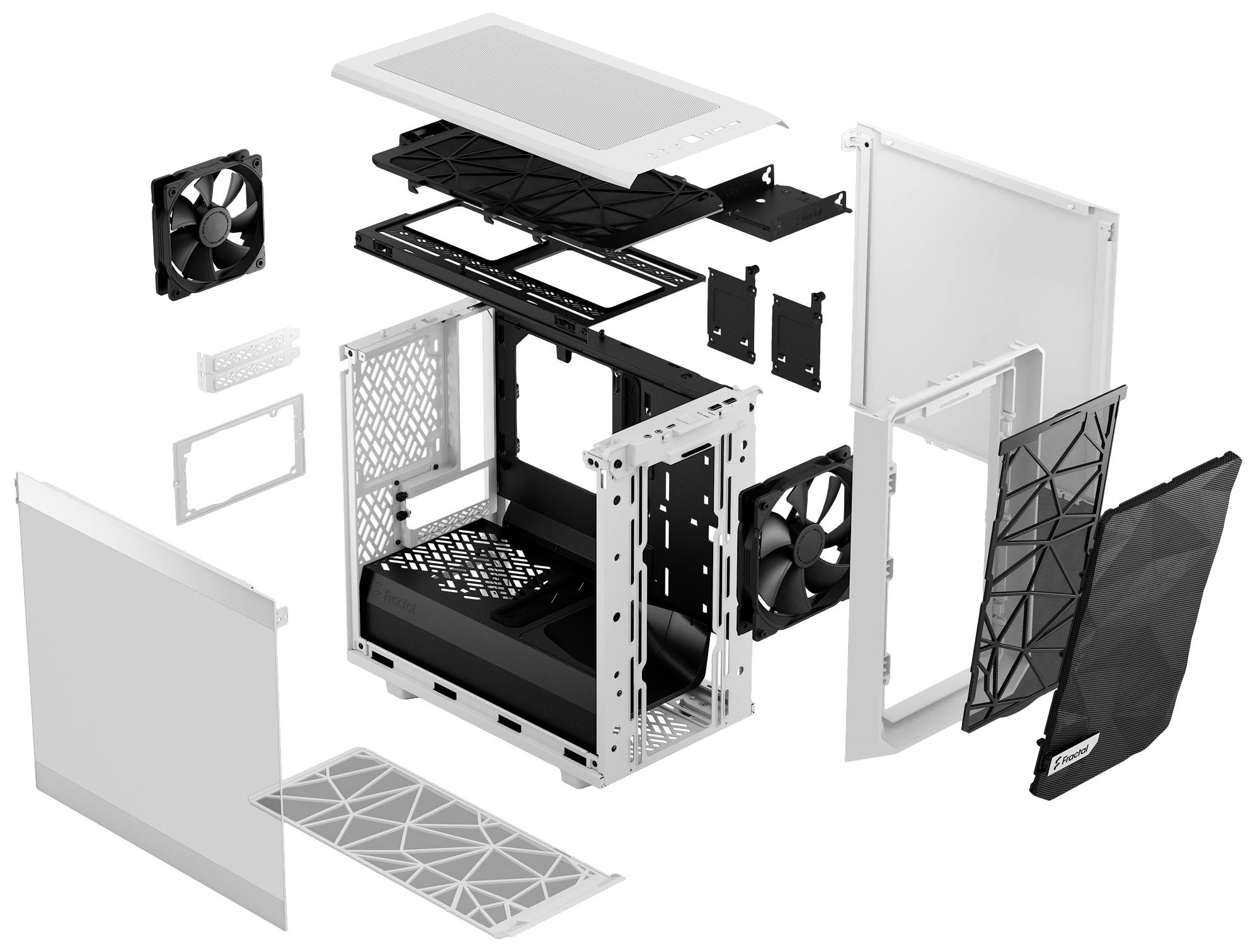 Explosionszeichnung eines Computergehäuses mit abgenommenen Panelen und Bauteilen, zeigt Ventilatoren, Rahmen und Gitterpositionen.