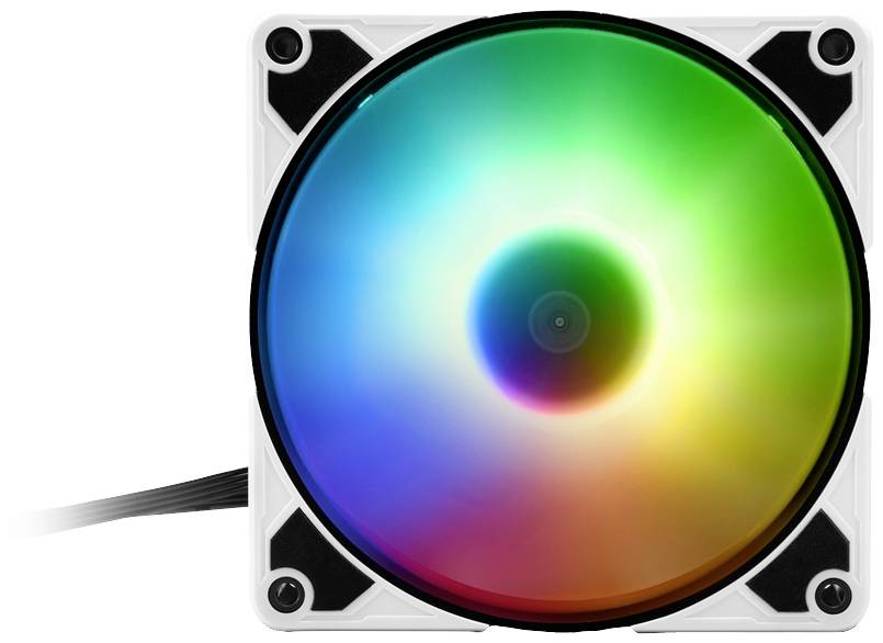 Ein Computerlüfter mit RGB-LEDs leuchtet in lebendigen Regenbogenfarben.