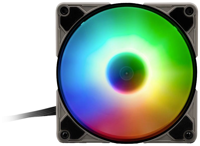 Ein leuchtender Computerlüfter mit RGB-Beleuchtung in einem Spektrum von Rot über Grün bis Blau; Stromkabel links sichtbar.