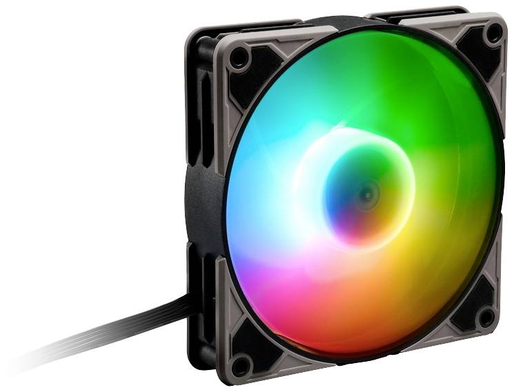 Ein Computerlüfter mit RGB-Beleuchtung zeigt ein lebendiges Farbspiel. Der Lüfter hat ein rechteckiges Gehäuse und ein Verbindungskabel.