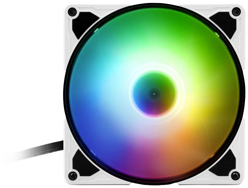 Ein PC-Gehäuselüfter mit RGB-Beleuchtung leuchtet in mehreren Farben. Der Lüfter ist quadratisch und von einem weißen Rahmen umgeben.