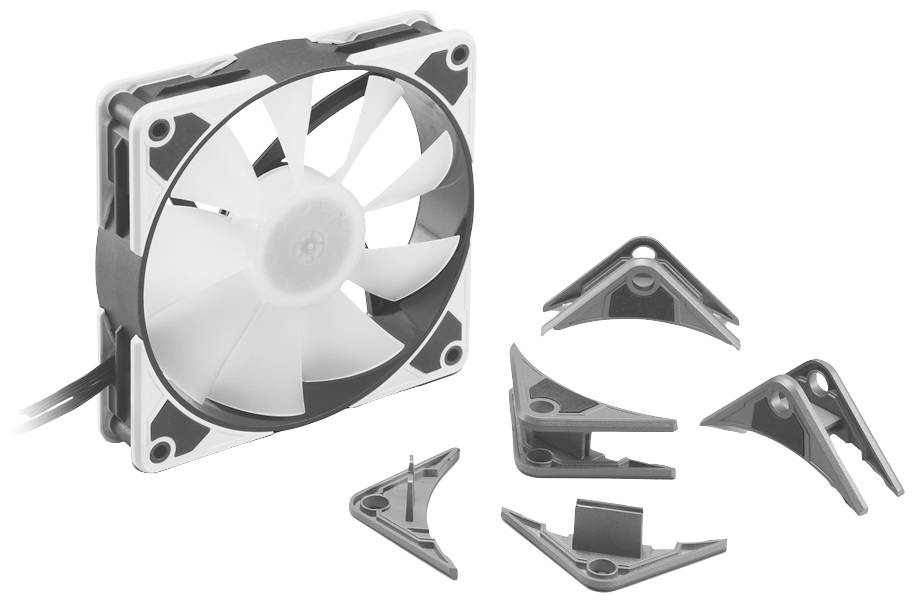 Ein weißer Computerlüfter mit abnehmbaren Ecken zeigt ein modulares Design. Die Ecken sind grau und ermöglichen eine individuelle Montage.