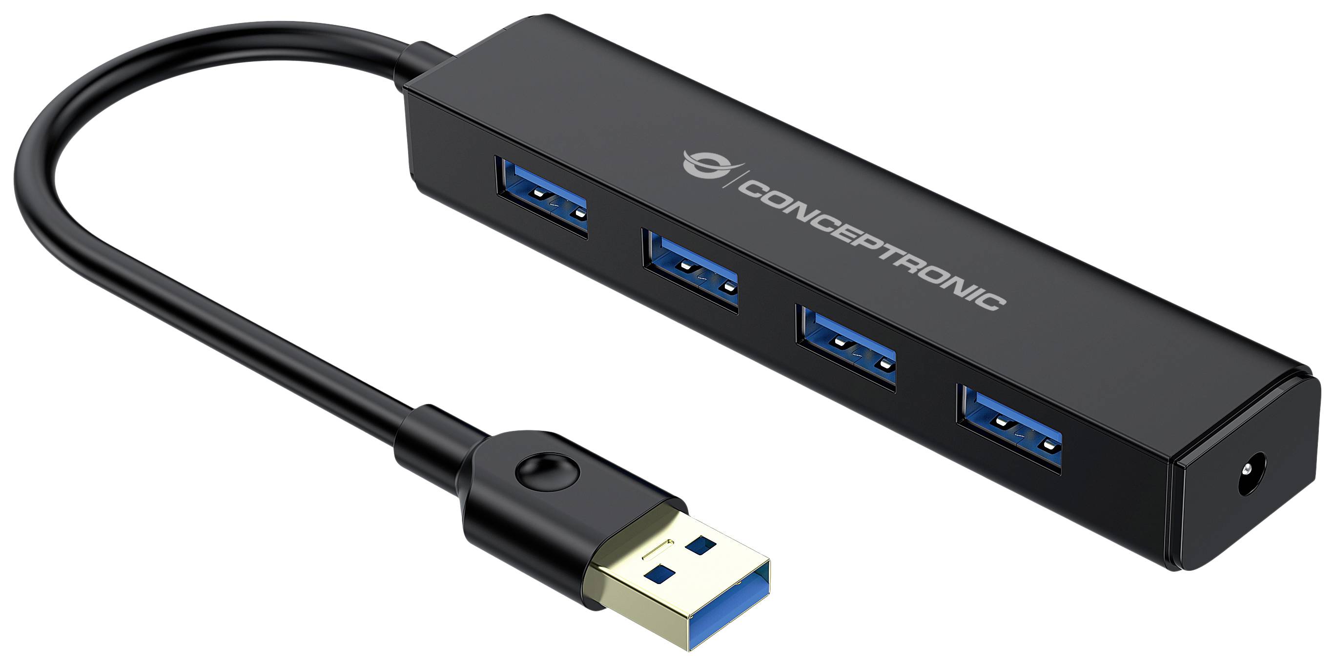 Schwarzer USB-Hub mit vier blauen USB 3.0-Anschlüssen und einem USB-Stecker, verbunden durch ein kurzes Kabel.