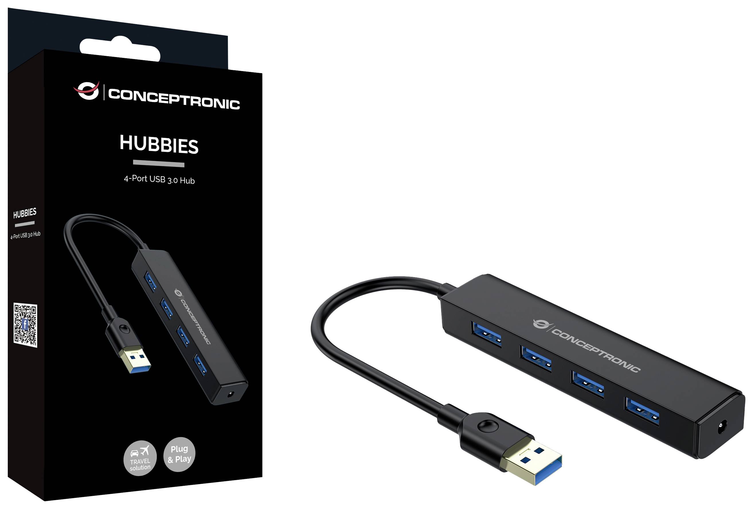 USB-Hub mit vier blauen USB 3.0-Anschlüssen und beiliegender Verpackung. Produktname 'HUBBIES' auf Verpackung sichtbar.