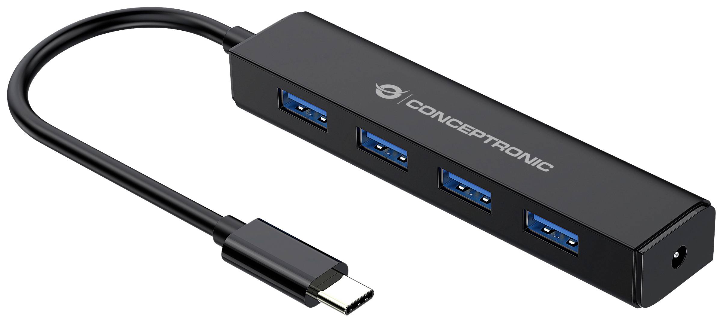 Schwarzer USB-C-Hub mit vier blauen USB-3.0-Anschlüssen, einem schwarzen Kabel und der Aufschrift 'CONCEPTRONIC' auf der Oberseite.