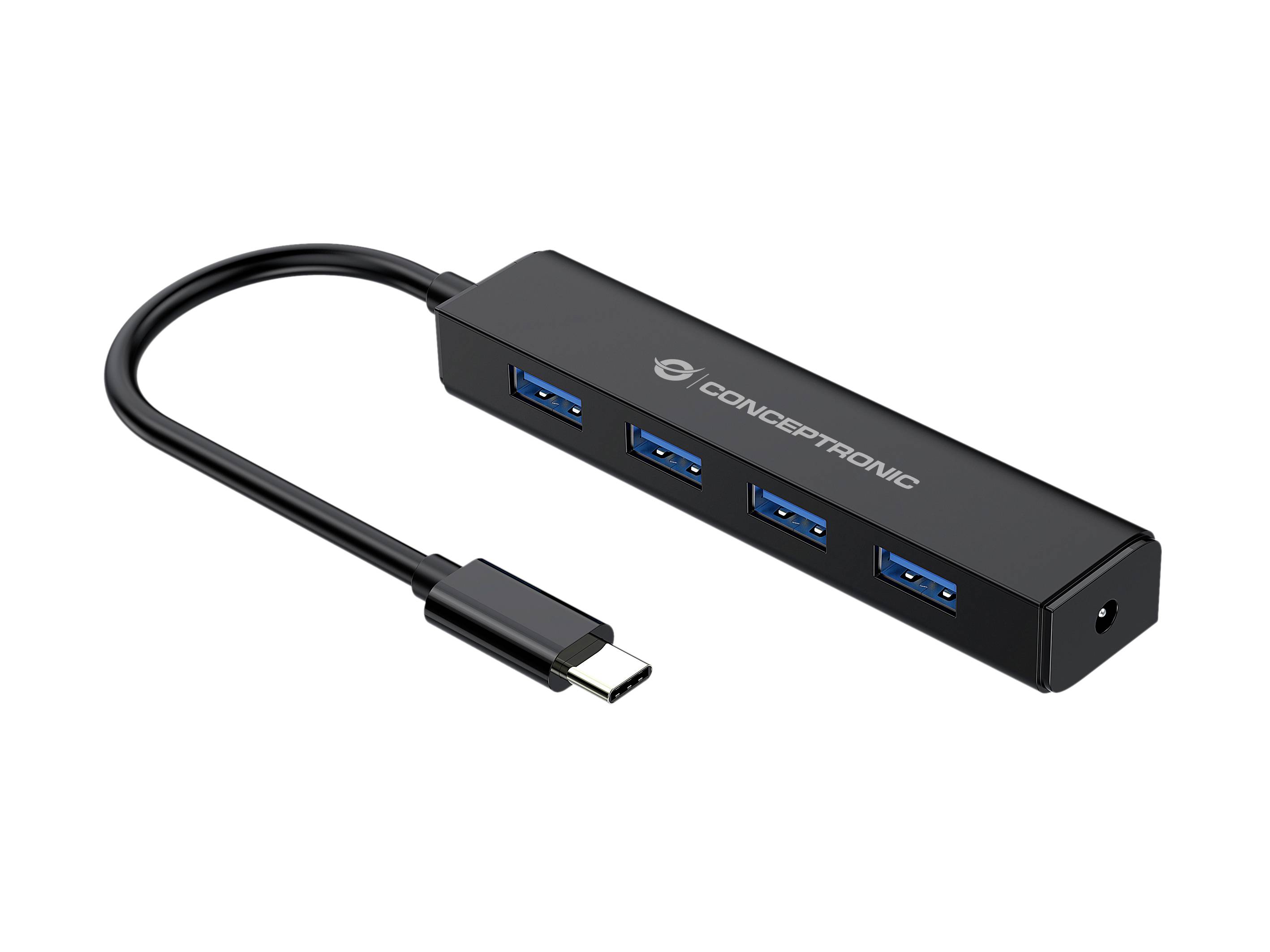 USB-Hub mit vier USB-Ports und einem USB-C-Anschlusskabel, geeignet zum Anschluss mehrerer USB-Geräte an einen Computer.