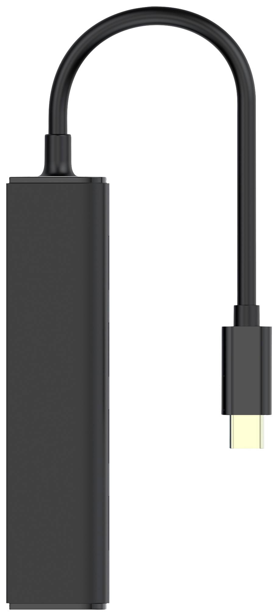 Ein schwarzer USB-C-Hub mit mehreren Anschlüssen, geeignet zum Verbinden von Peripheriegeräten mit einem Laptop oder Tablet.