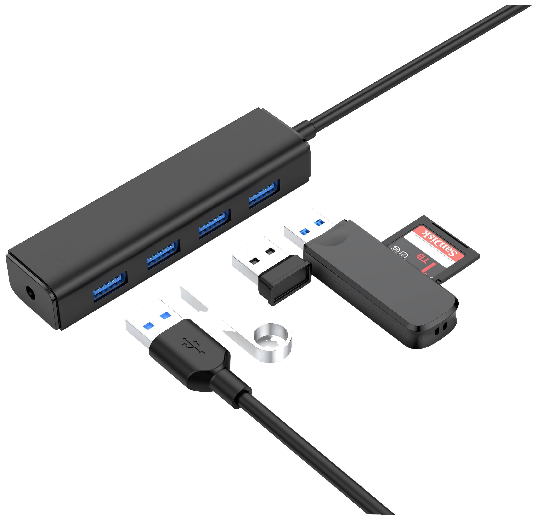 Ein USB-Hub mit vier Anschlüssen, einem USB-Kabel und einem SD-Kartenleser. Daneben liegen eine Speicherkarte und ein USB-Stick.