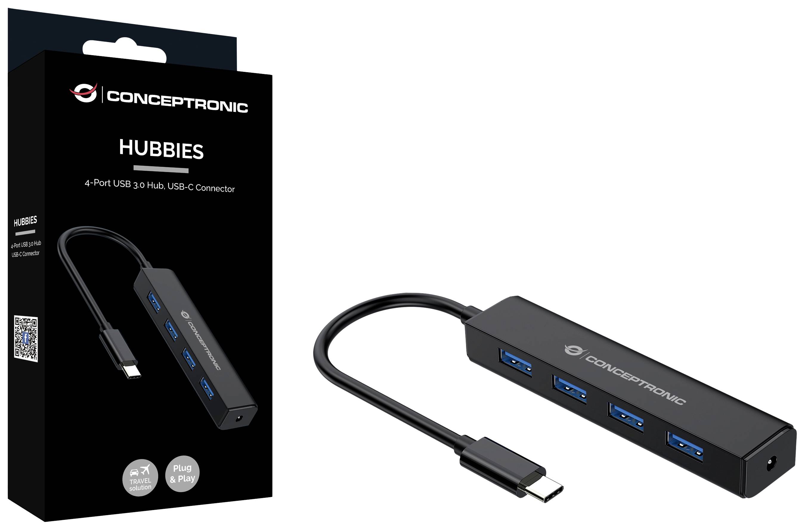 Ein schwarzer USB-Hub mit vier blauen USB 3.0-Ports und einem USB-C-Anschluss. Verpackung zeigt Produktbild und Markenname.