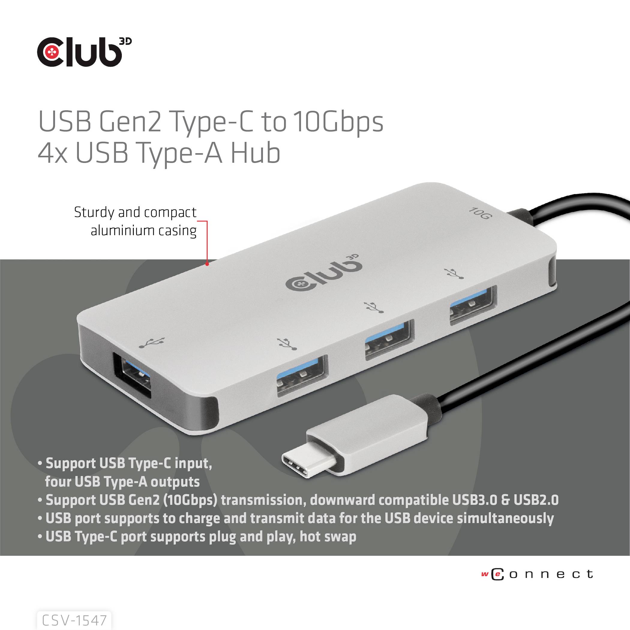 'USB Gen2 Type-C zu 10Gbps 4x USB Type-A Hub' von Club3D. Graues Aluminium-Gehäuse mit vier USB-Anschlüssen. Unterstützt USB 3.0, 5Gbps & 10Gbps. Ideal für schnelles Laden und Datenübertragung.