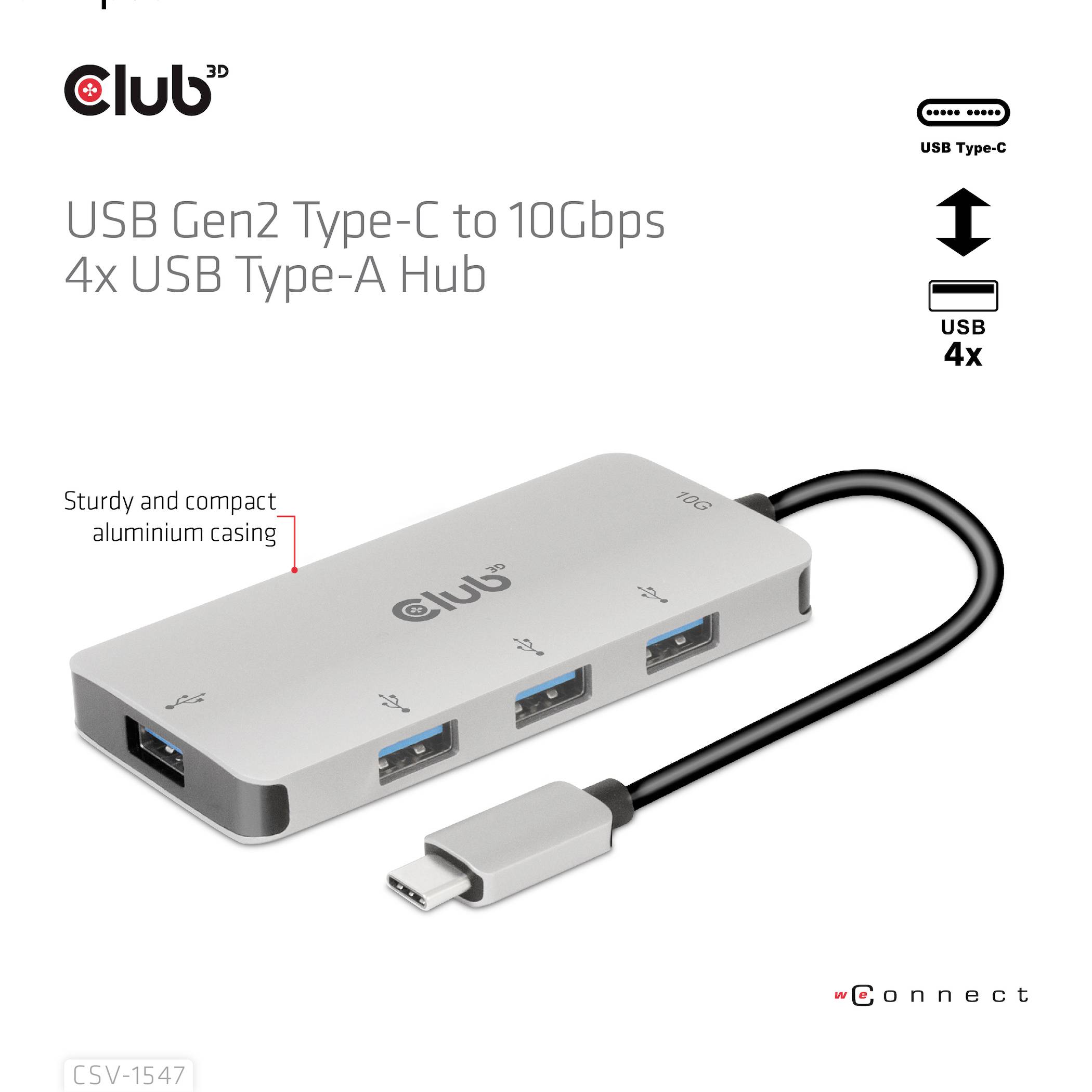 Ein silberner USB-Hub mit vier USB Type-A-Ports und einem USB Type-C-Steckplatz, beschrieben als stabil und kompakt.