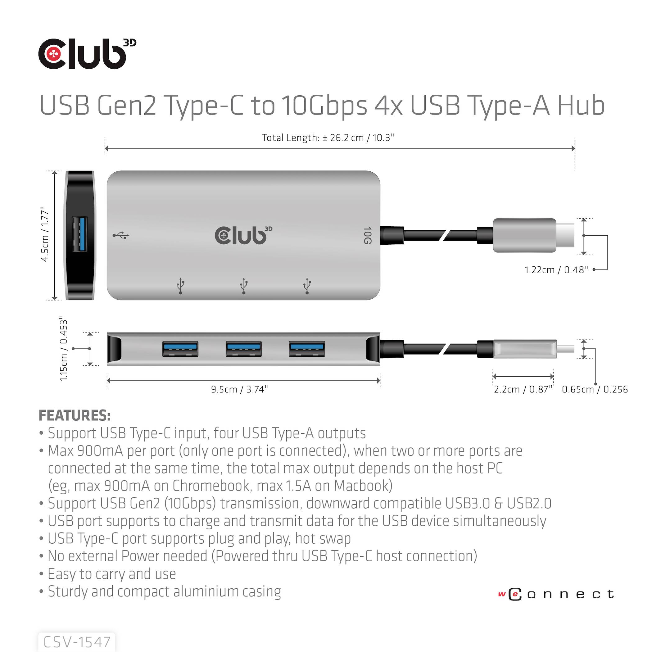 'USB Gen2 Type-C to 10Gbps 4x USB Type-A Hub'. Ein graues USB-Hub mit vier USB-A-Ports und einem USB-C-Anschluss. Maße: 11,5x4x1,5 cm. Enthält Leistungsmerkmale.