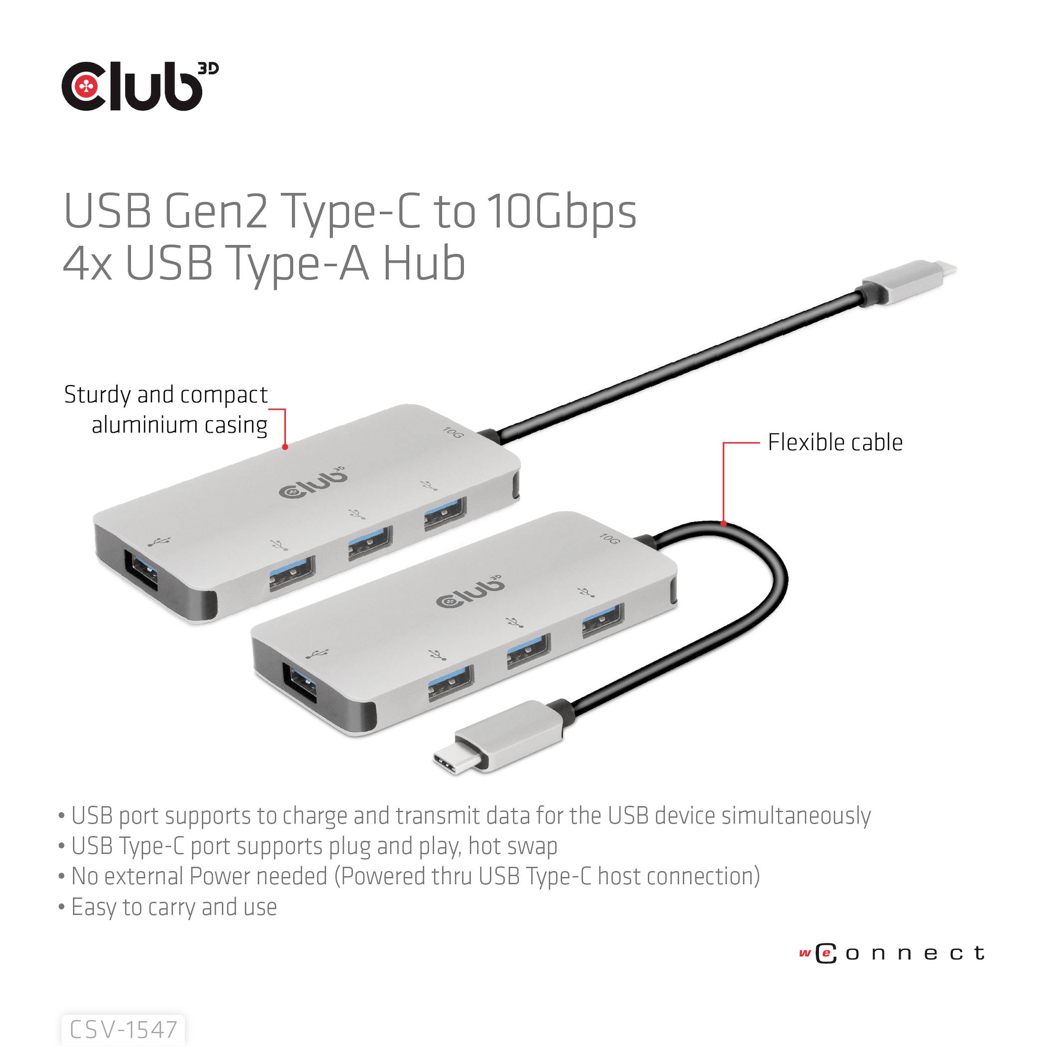 'USB Gen2 Type-C bis zu 10 Gbps 4x USB Type-A Hub' mit Aluminiumgehäuse und flexiblem Kabel. Unterstützt schnelles Laden.