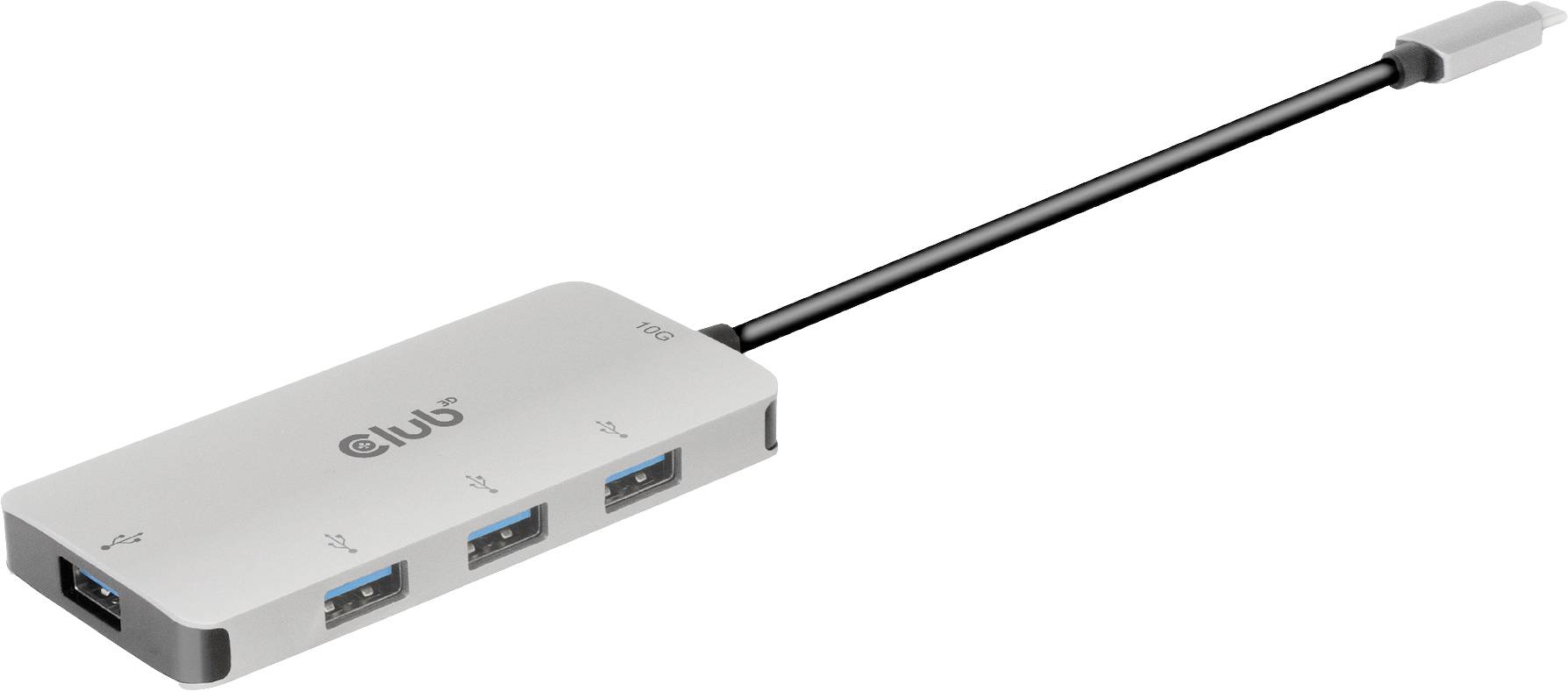 Ein silberner USB-C-Hub mit vier USB-Anschlüssen an der Seite und einem USB-C-Anschluss an einem kurzen Kabel. Ideal für Geräteverbindungen.