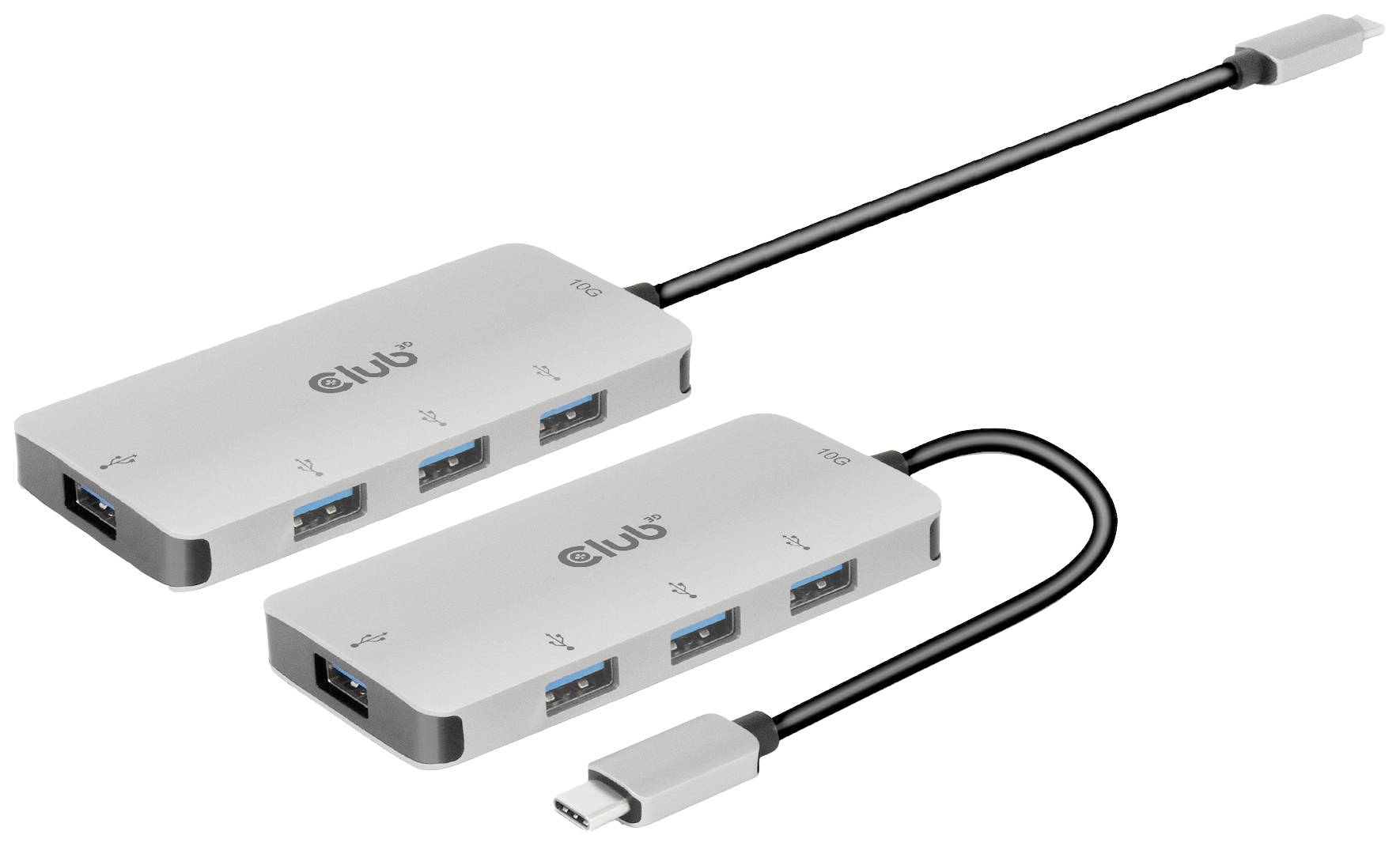 Zwei silberne USB-Hubs mit mehreren Anschlüssen; einer hat vier USB-A und einen HDMI-Anschluss, der andere drei USB-A und einen HDMI-Anschluss.