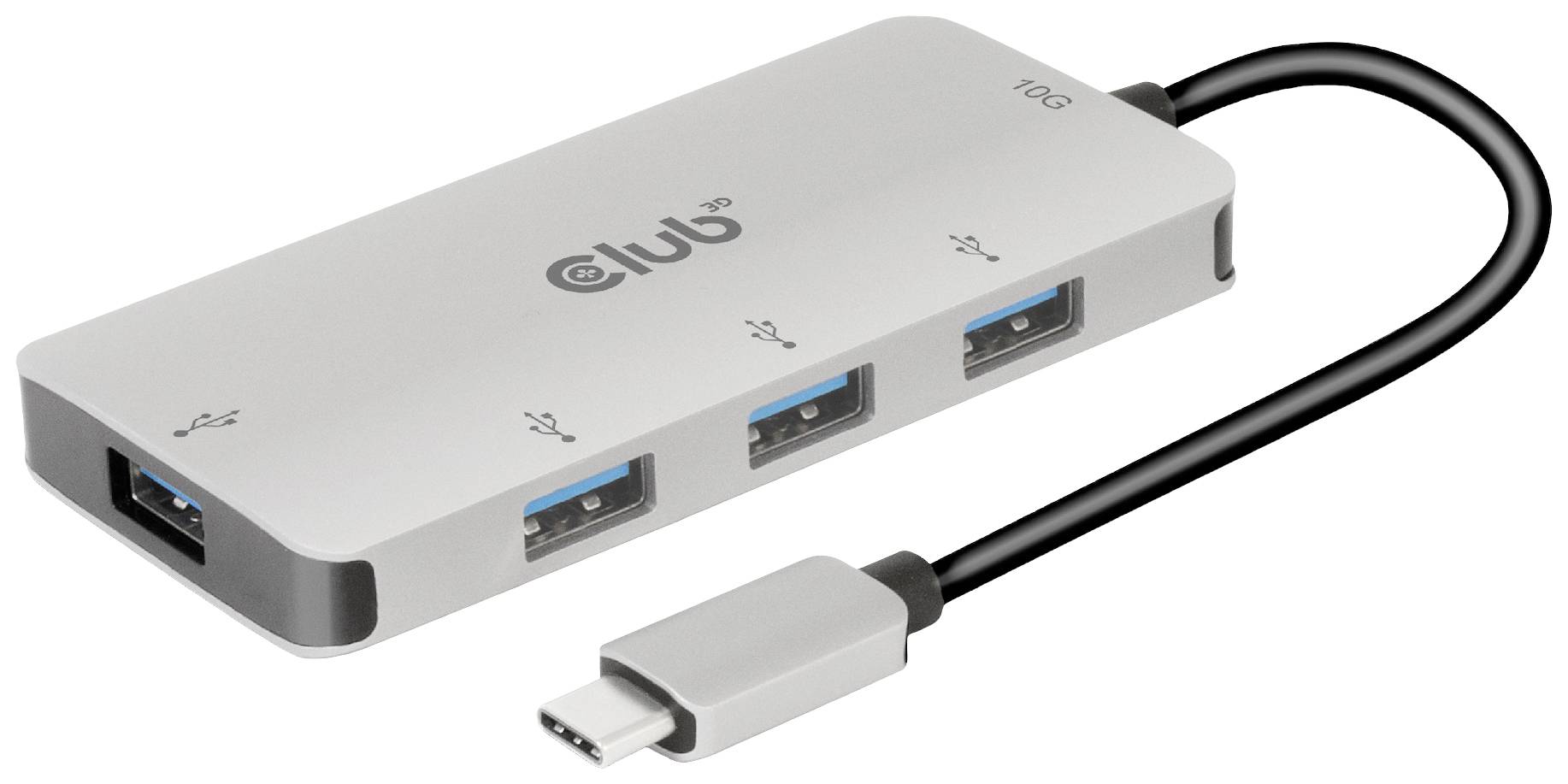 USB-Hub mit vier Anschlüssen, davon drei USB-Anschlüsse und ein USB-C-Anschluss. Der Hub ist silberfarben mit einem schwarzen Kabel.