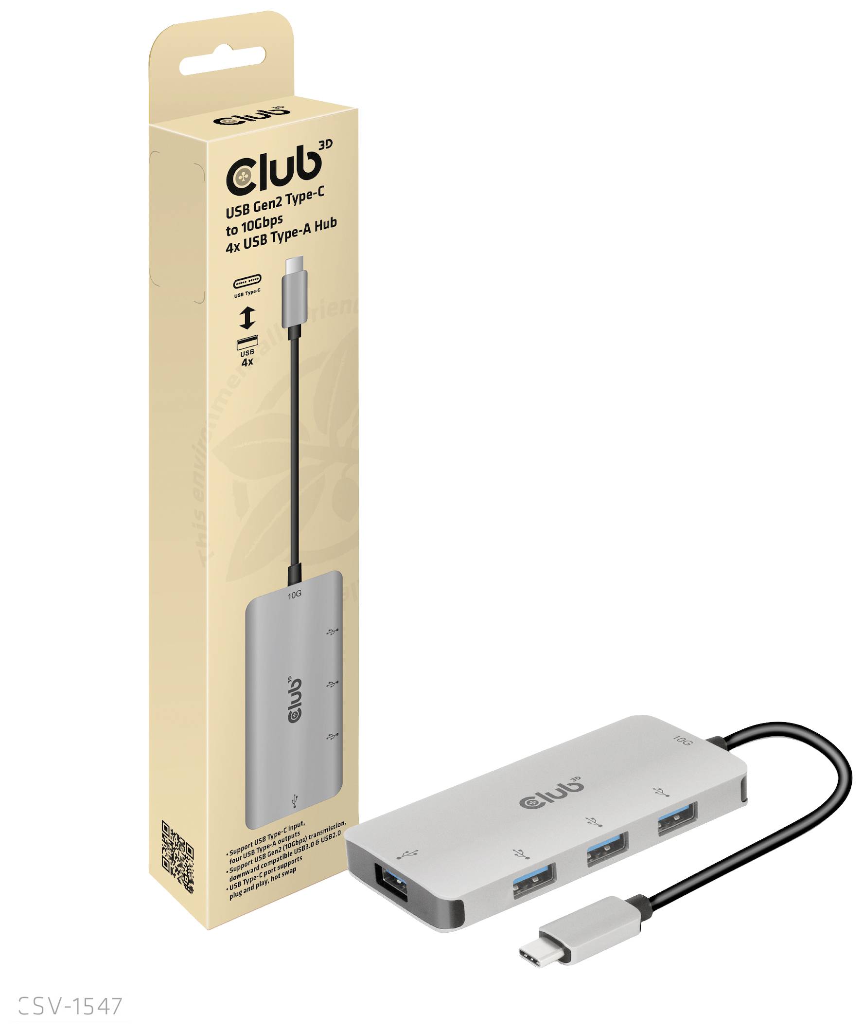 Ein USB-C auf USB-A Hub mit vier Anschlüssen, abgebildet mit Verpackung. Verwendet zur Erweiterung von Anschlüssen an Computern.