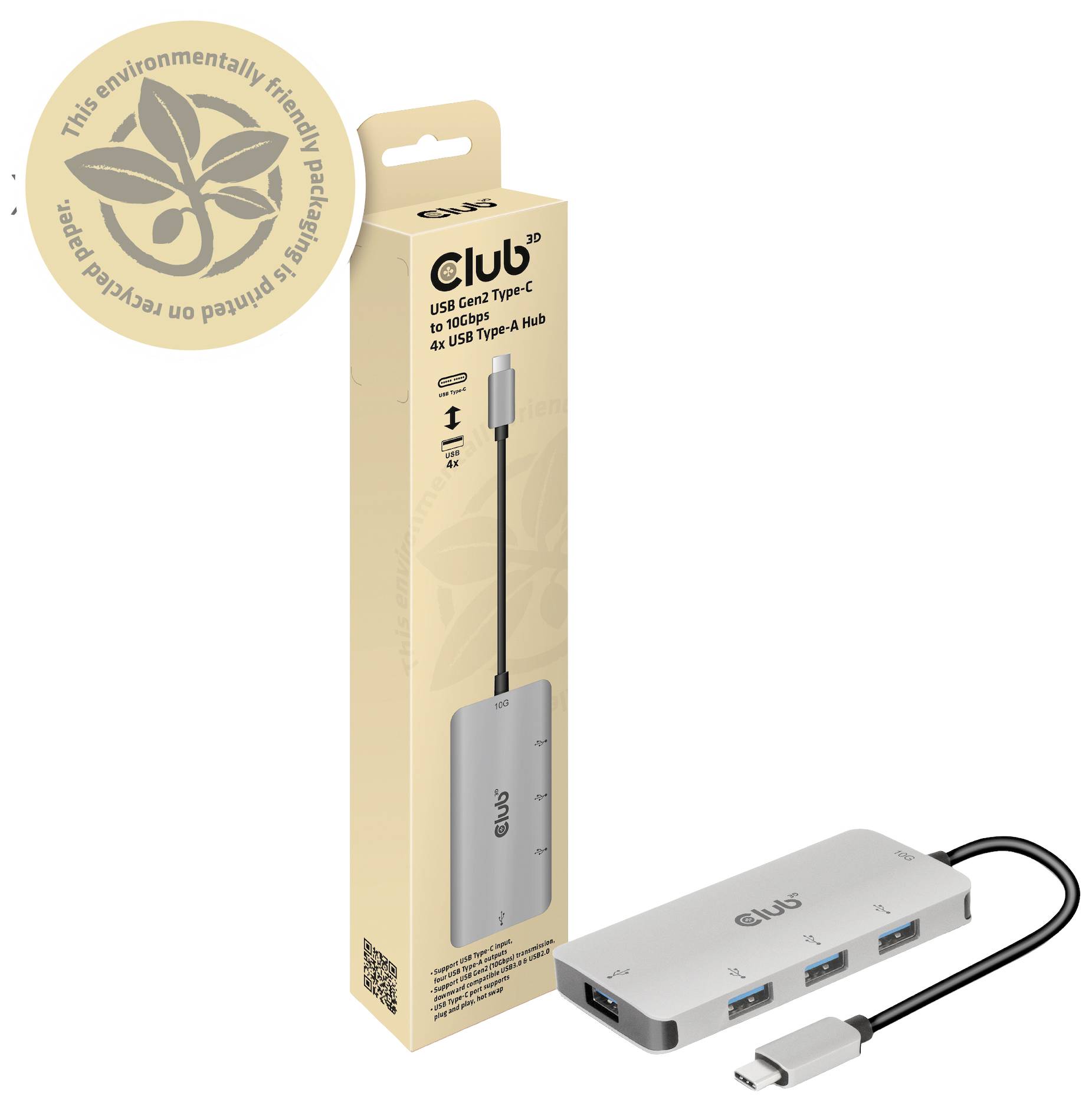 USB Type-C Hub und Verpackung. Der Hub verfügt über einen USB-C-Anschluss und mehrere USB-A-Anschlüsse. Umweltfreundliche Verpackung.