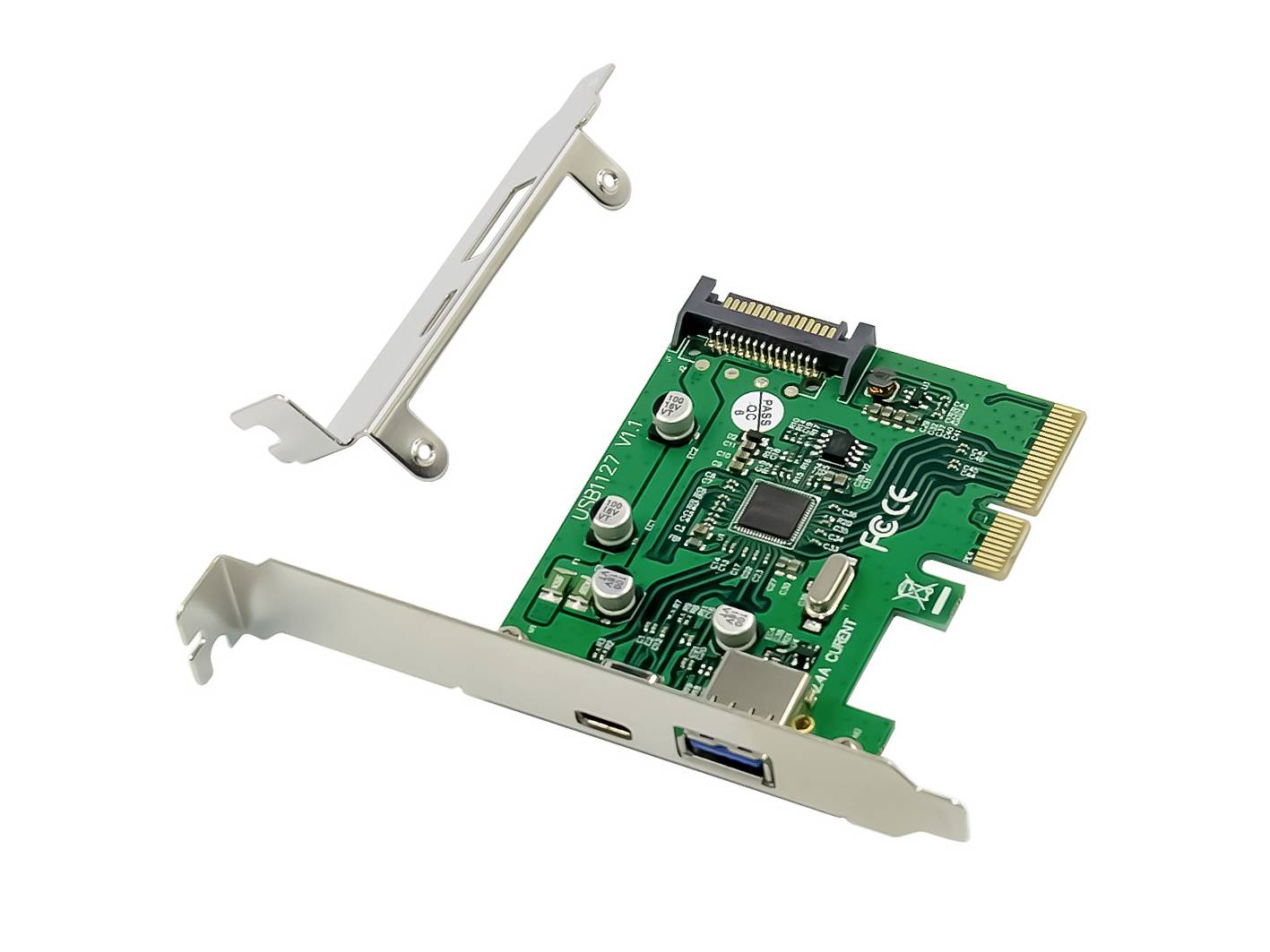 PCIe-Karte mit USB- und SATA-Anschlüssen, zeigt grüne Schaltfläche mit integrierten Schaltkreisen.