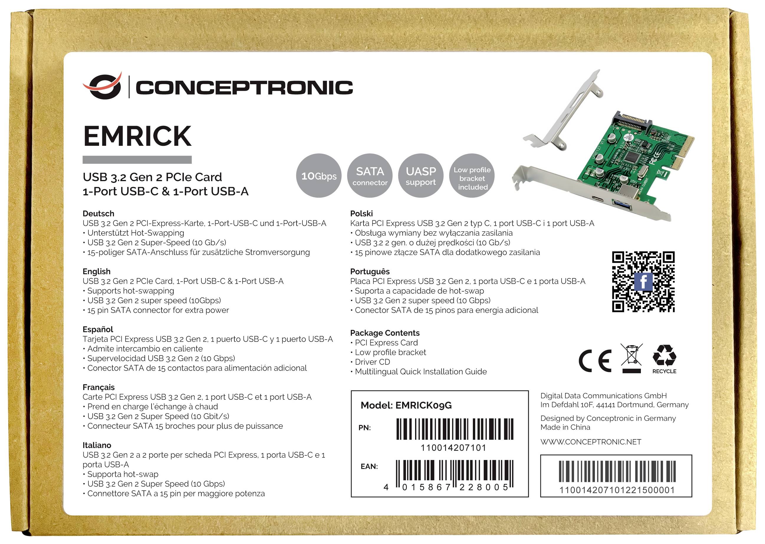 Verpackung einer Conceptronic EMRICK PCIe-Karte mit USB 3.2 Gen 2 Port. Enthält technische Spezifikationen und Lieferumfang.