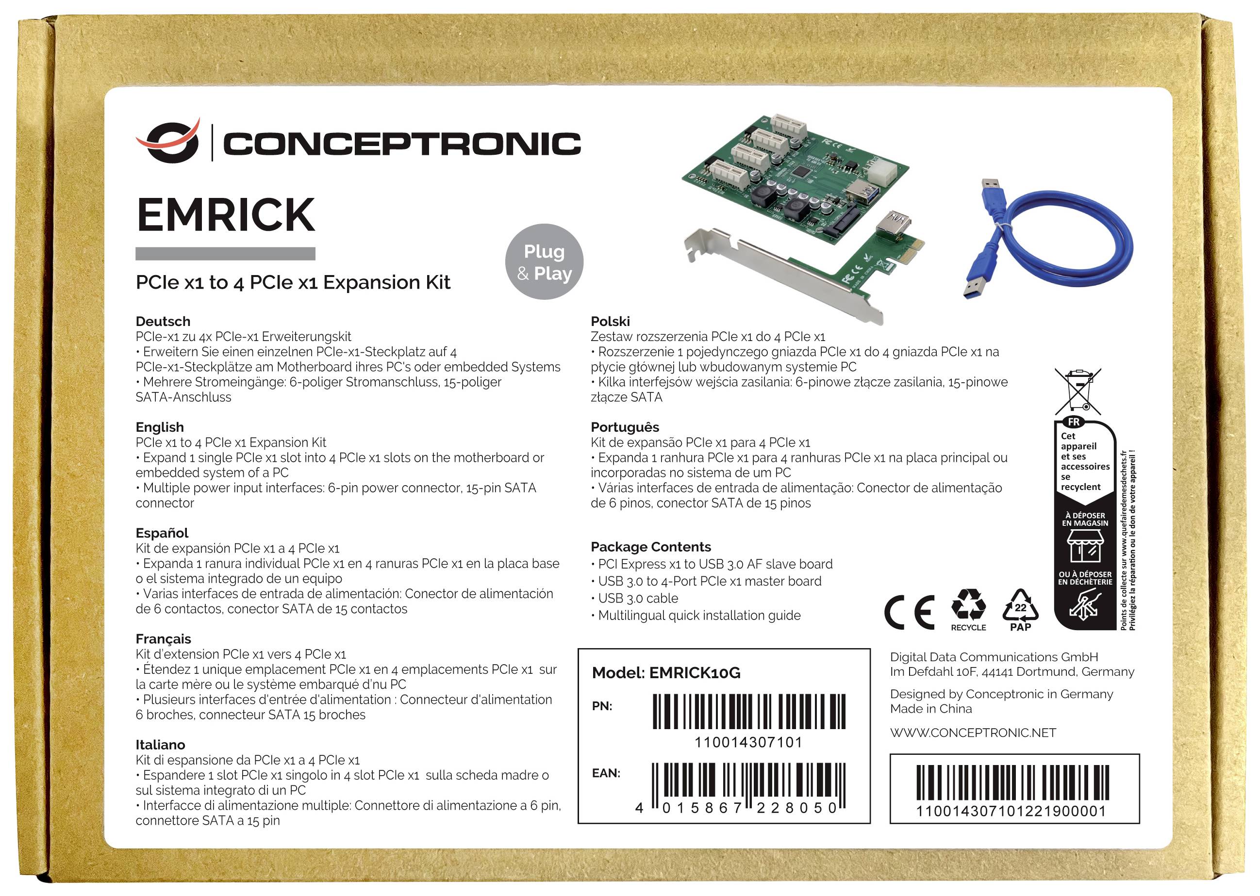 Conceptronic EMRICK PCIe-x1 zu 4x PCIe-x1 Erweiterungskit PCI-Express Karte PCIe