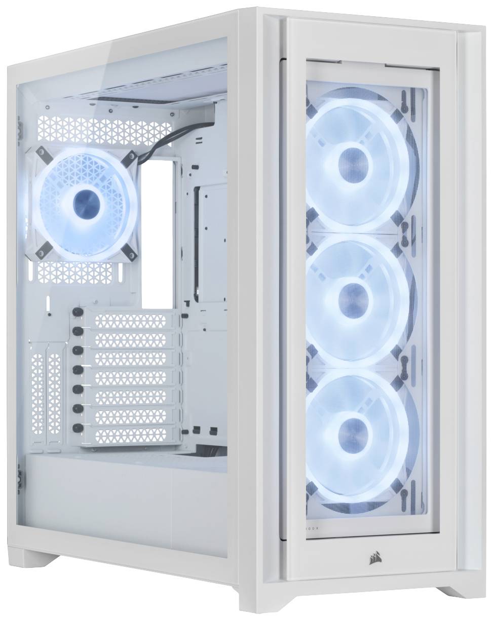 Ein weißes Computergehäuse mit transparenten Seiten, das vier leuchtende Ventilatoren zeigt. Ideal für Kühlung und Luftzirkulation.