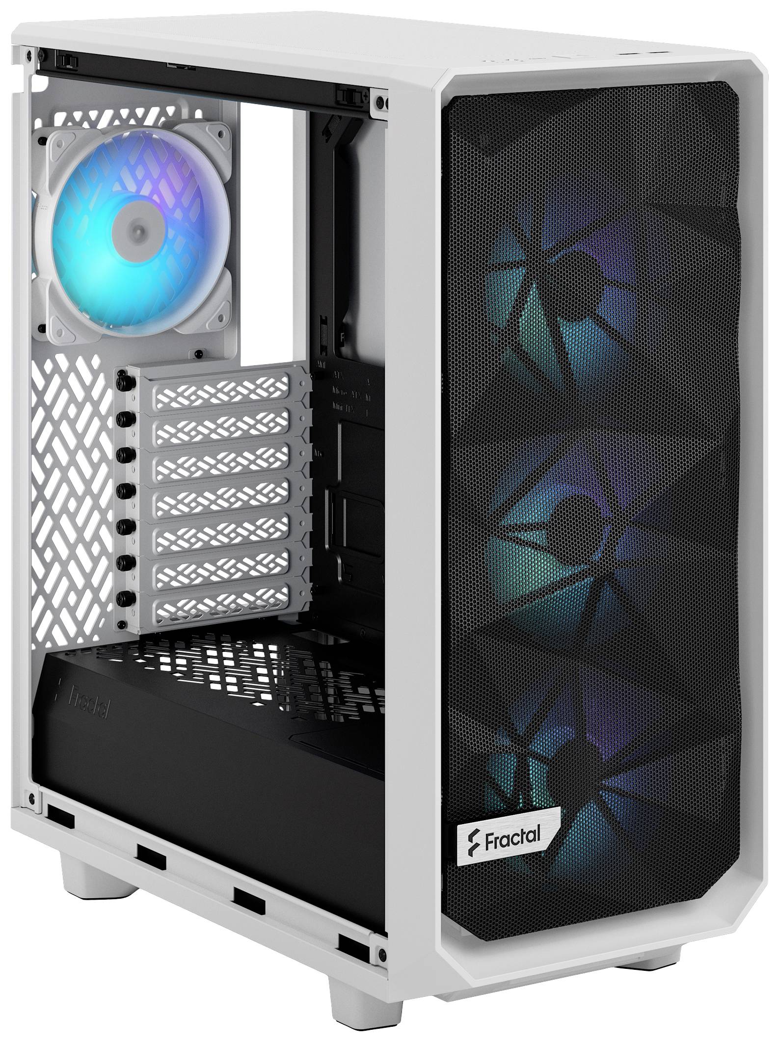 Weißes Computergehäuse mit transparentem Seitenpanel. Sichtbare Lüfter beleuchten das Innere blau. Markennamen 'Fractal' auf der Vorderseite.