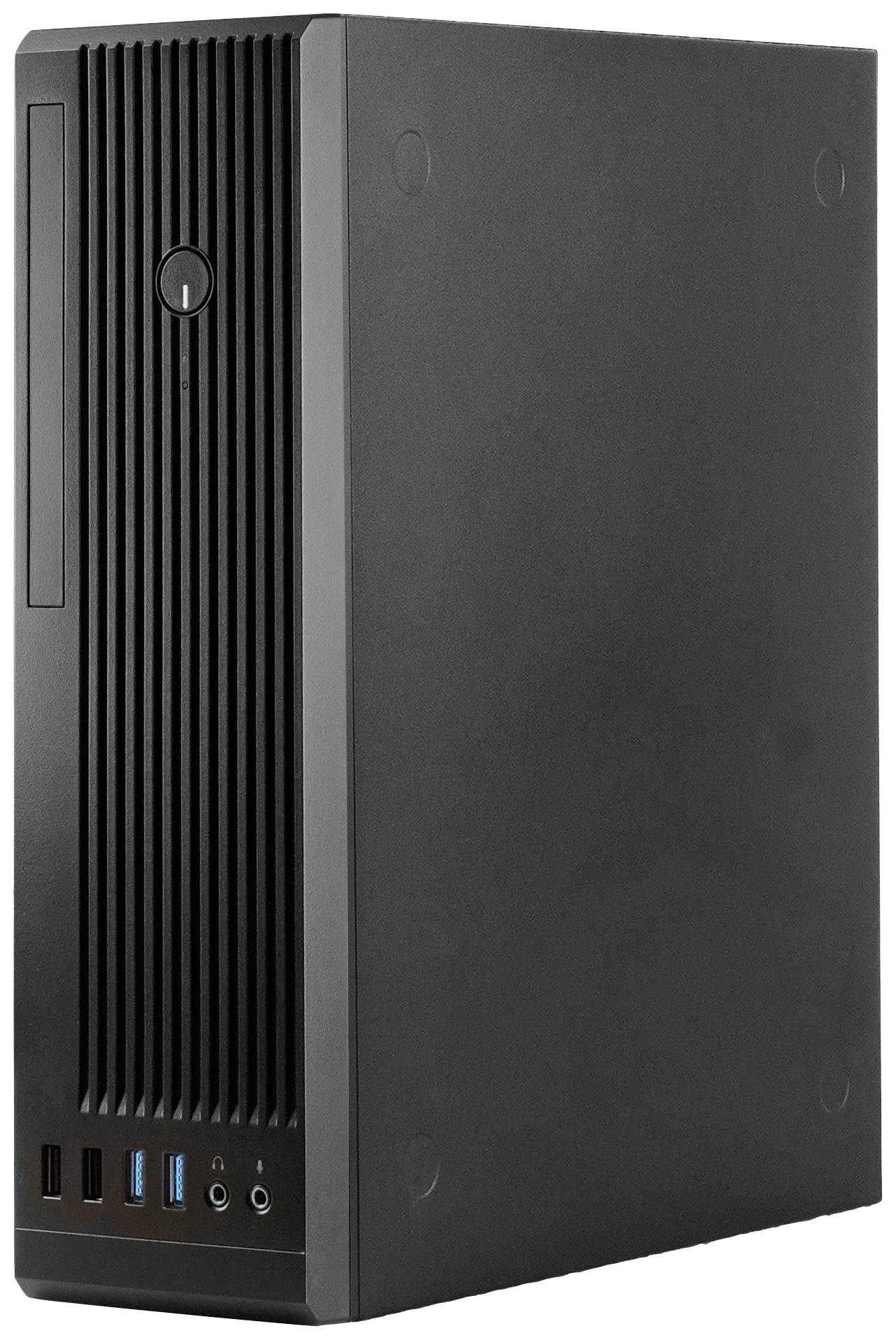 Ein schwarzer Computer-Tower mit Lüftungsschlitzen an der Frontseite, mehreren USB-Anschlüssen und einem Power-Knopf oben.