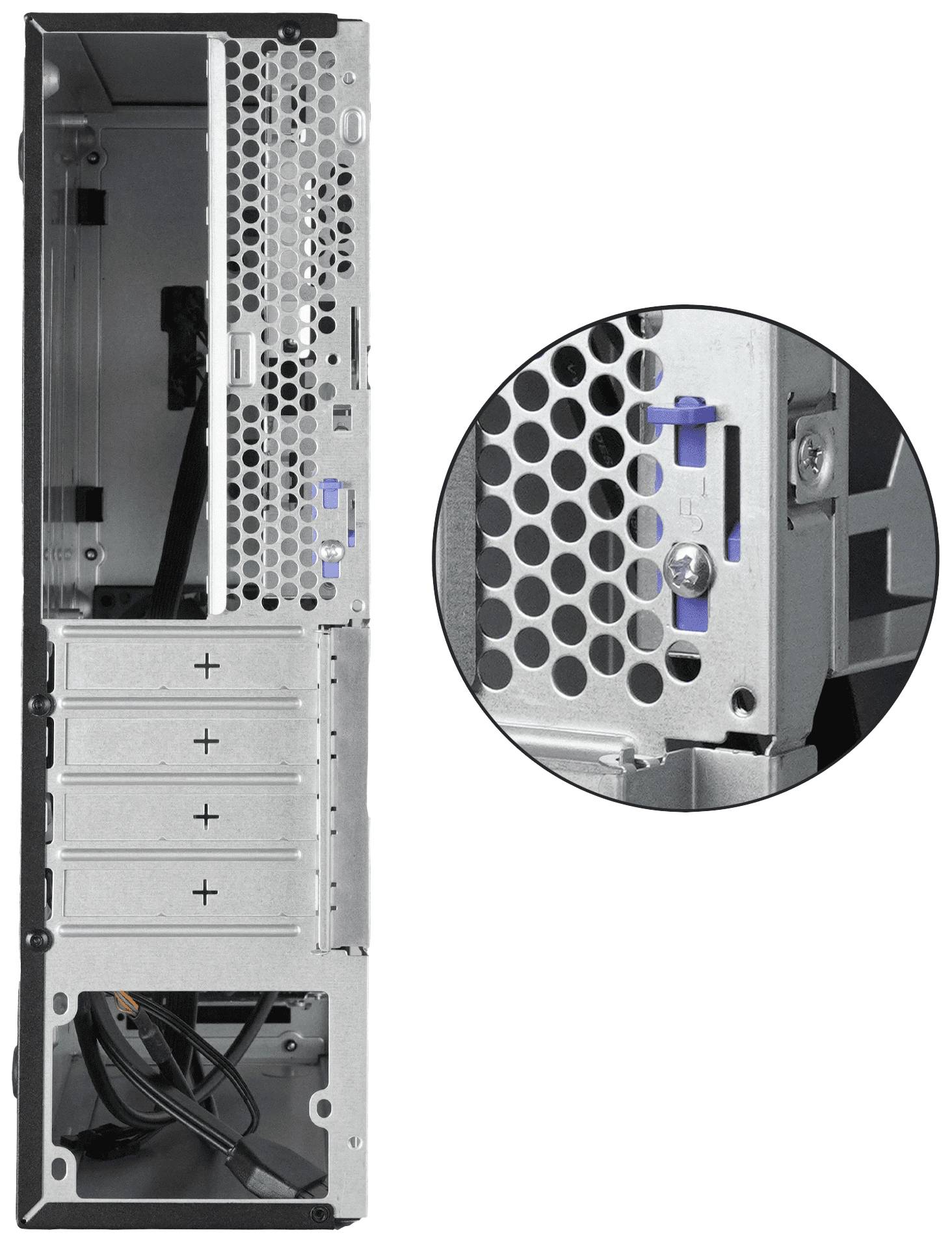 Gehäuserückseite eines Computers mit entfernten Abdeckungen; ein Kreis vergrößert einen blauen Verriegelungsmechanismus für Erweiterungskarten.