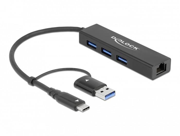 USB-C-Hub mit drei USB 3.0-Anschlüssen und einem Ethernet-Anschluss. Ein Kabel verbindet den Hub mit einem USB-C-Stecker.