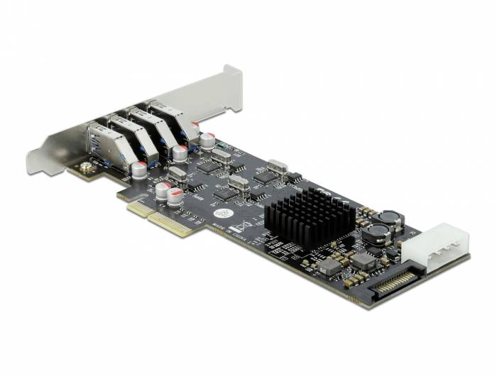 Eine schwarze PCI-Express-Erweiterungskarte für Computer mit mehreren Ports und elektronischen Komponenten auf der Platine.