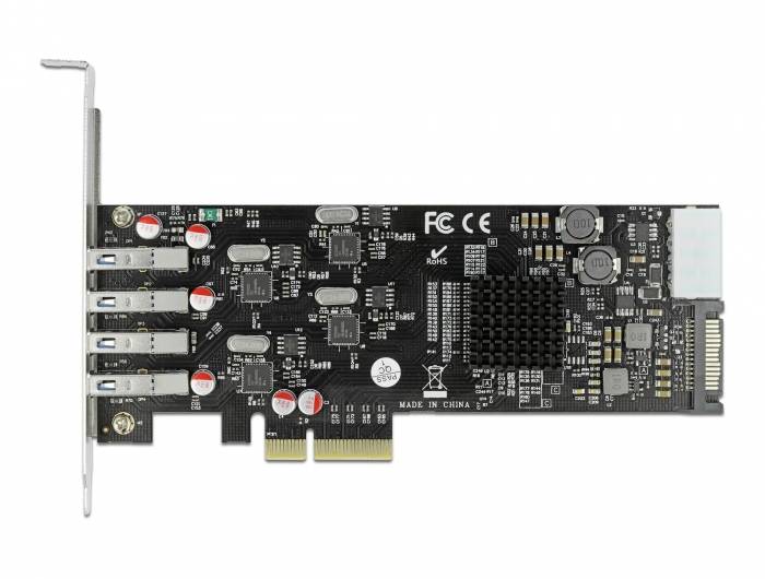 PC-Erweiterungskarte mit mehreren USB-Anschlüssen und elektronischen Komponenten. Text auf der Karte: 'Made in China'.