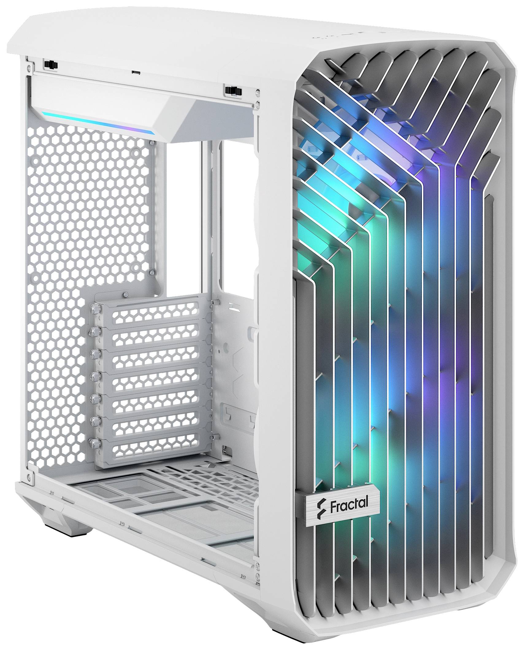 Weißes Computergehäuse mit offenen Seiten, zeigt Regenbogen-LEDs und belüftetes Design. Markierung 'Fractal' auf der Vorderseite.
