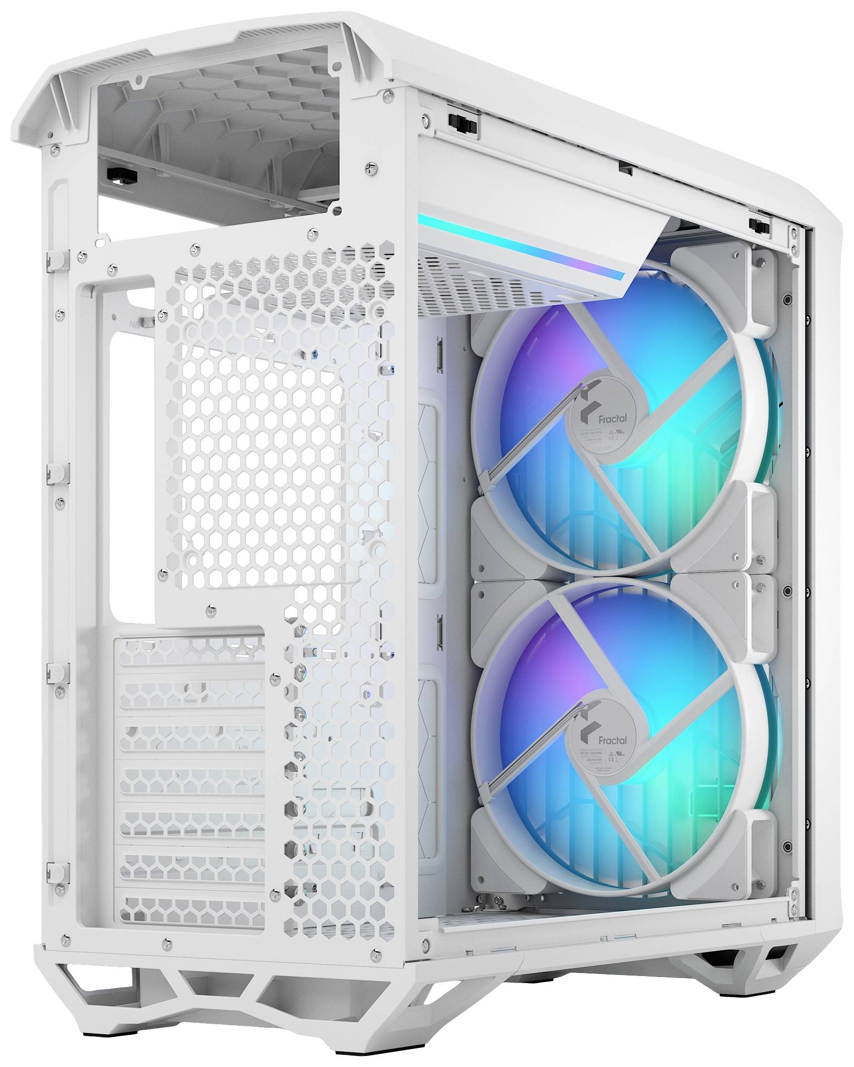 Weißes Computergehäuse mit durchsichtiger Seitenwand. Sichtbar sind zwei große, leuchtende Lüfter in Blau- und Grün-Tönen.