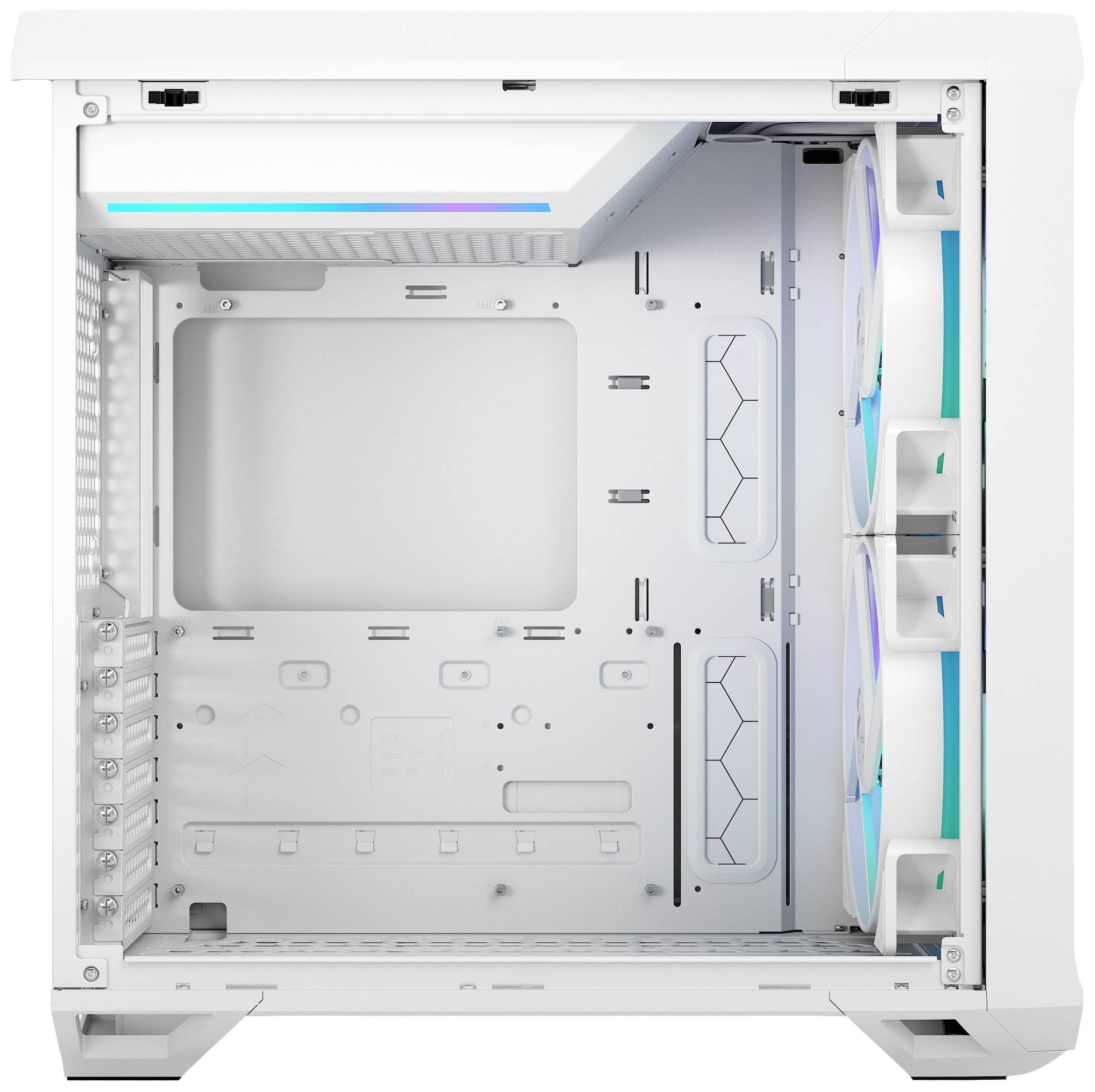 Ein weißes PC-Gehäuse mit sichtbarem Innenraum. Drei große Lüfter rechts und eine LED-Leiste oben erzeugen ein lichtdurchlässiges, modernes Design.