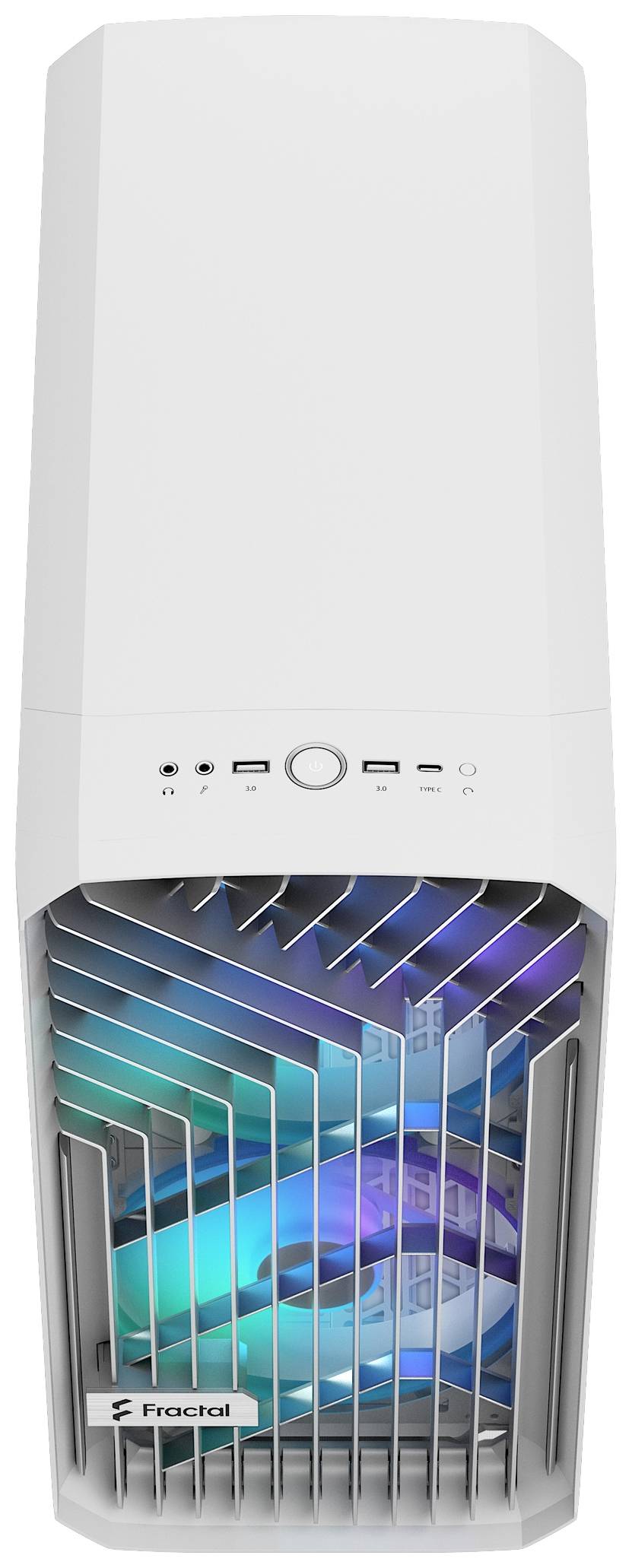Ein weißes Computergehäuse mit ventiliertem Frontgitter, das bunte LED-Lichter und das Fractal-Logo zeigt.