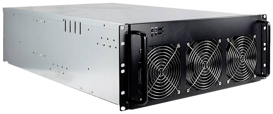 Ein rechteckiger Computer-Server in einem Metallgehäuse mit drei Lüftern vorne, die der Kühlung dienen.